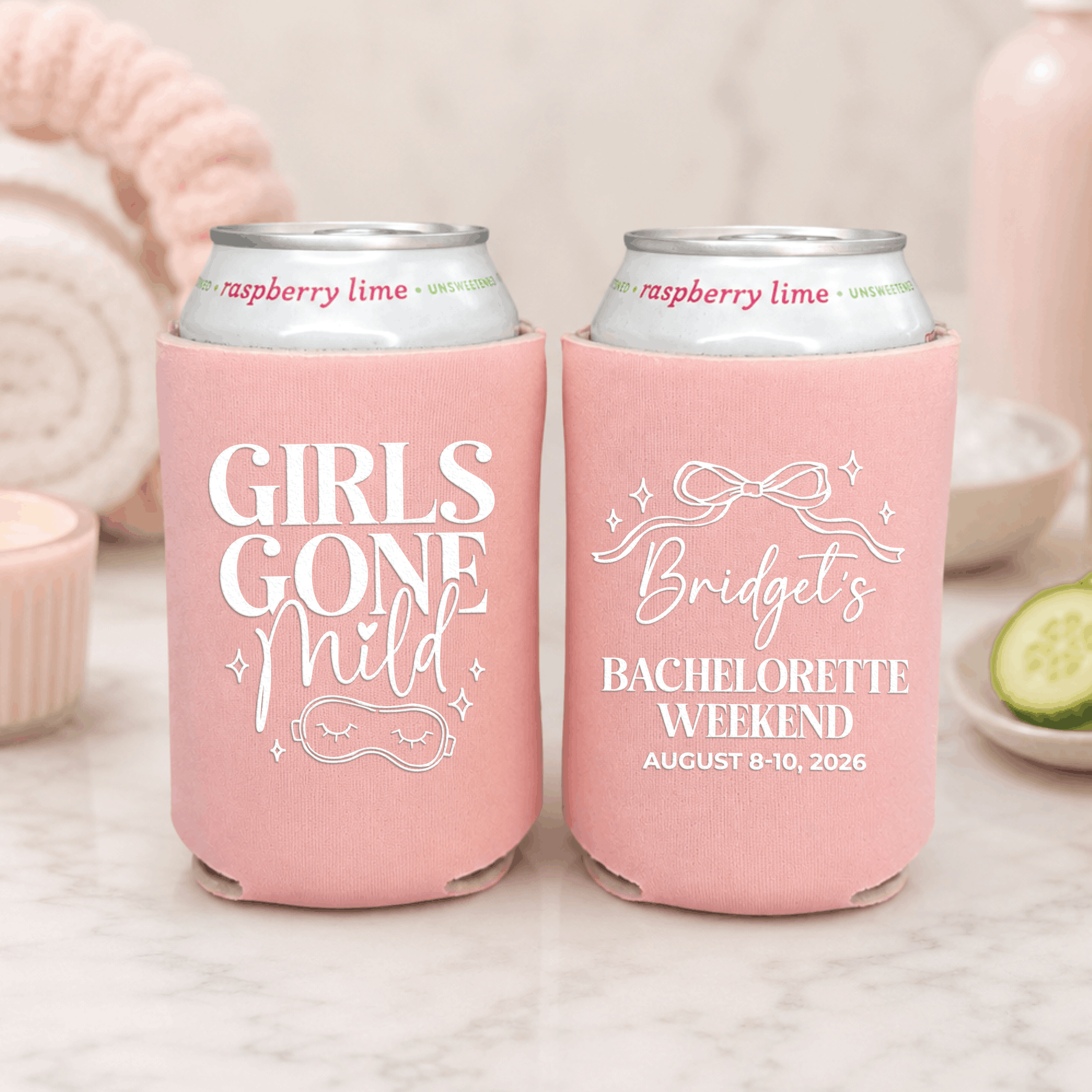 Girls Gone Mild personalized bachelorette can cooler in pink with white print