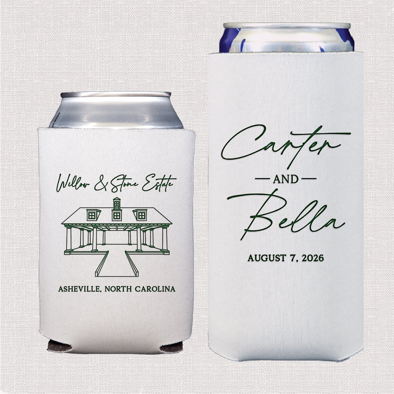 Venue stacked names wedding bundle featuring personalized standard and slim can coolers with venue artwork and stacked names design