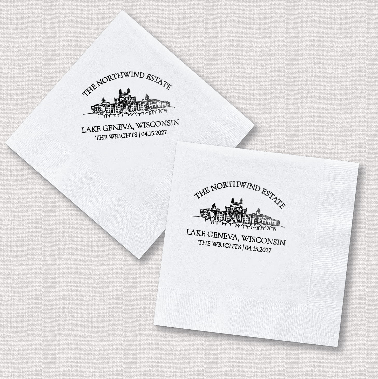Venue line drawing square and diamond neoprene can coolers — wedding bundle