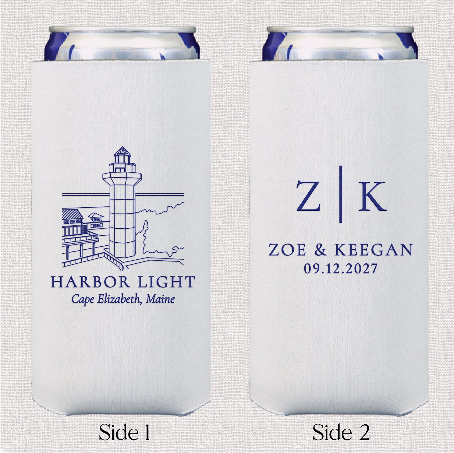 Personalized slim can coolers with venue line drawing and initials wedding design displayed upright