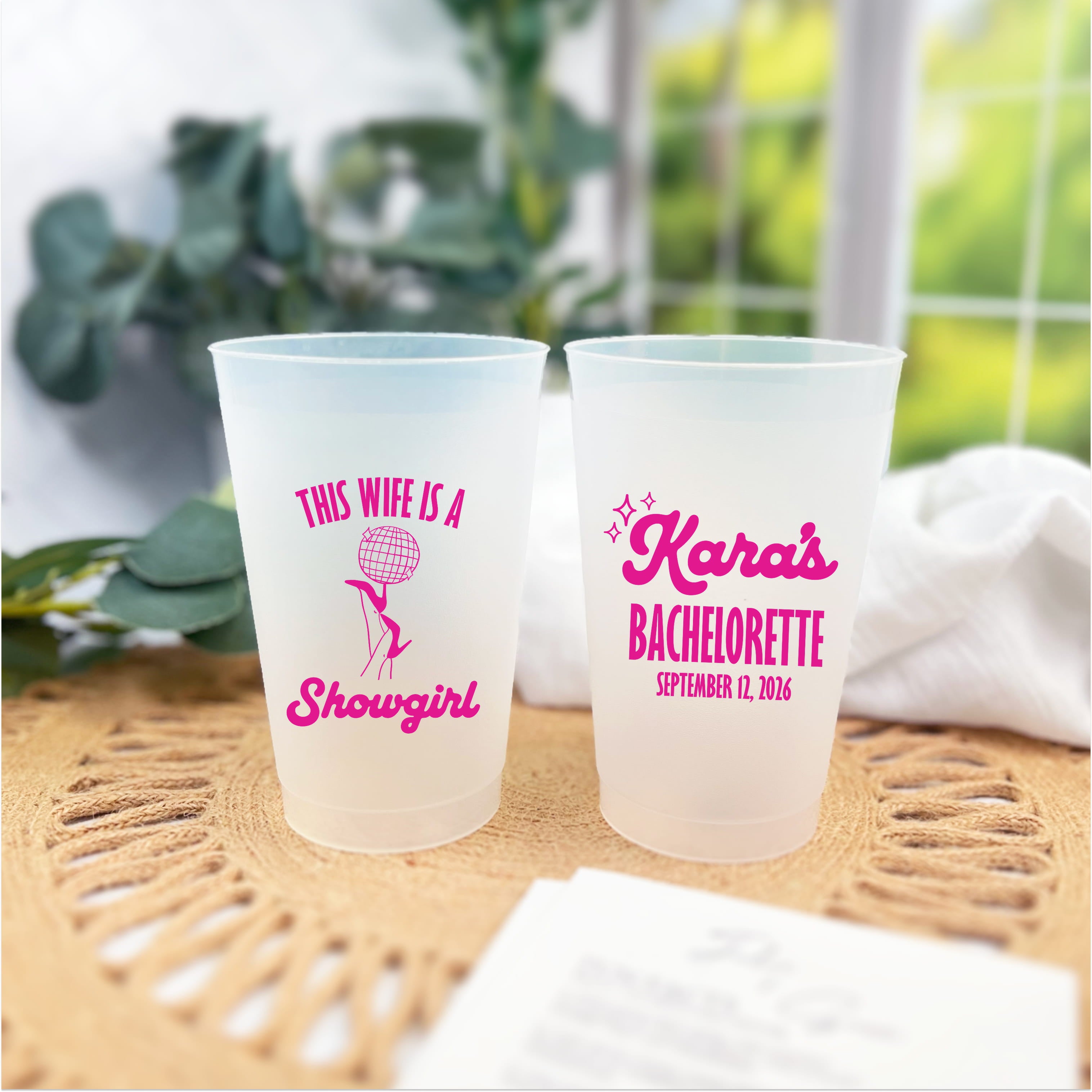 This Wife Is A Showgirl frosted shatterproof cup detail shot showing disco ball and showgirl silhouette print quality