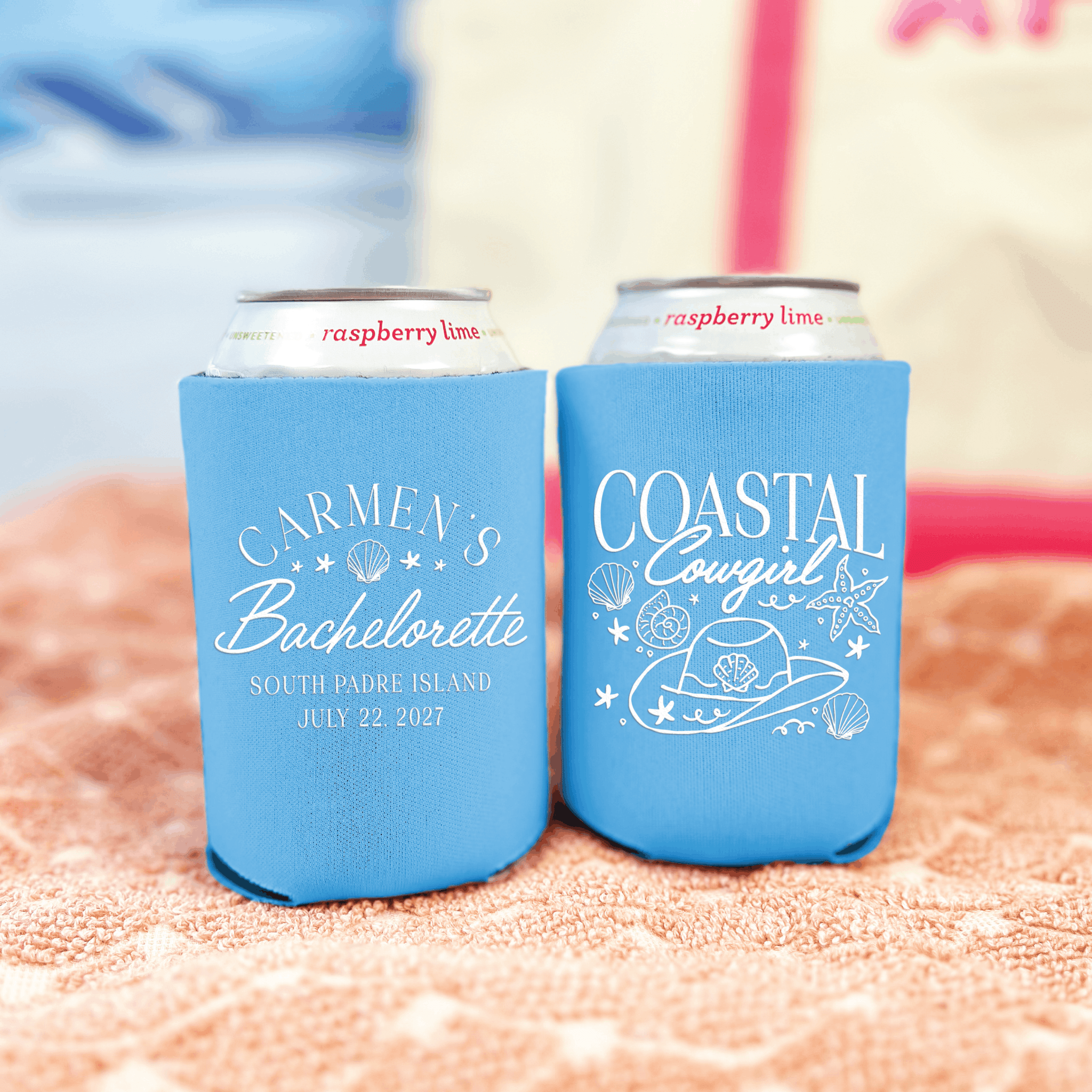 Coastal Cowgirl personalized bachelorette can cooler in blue with bride's name and date