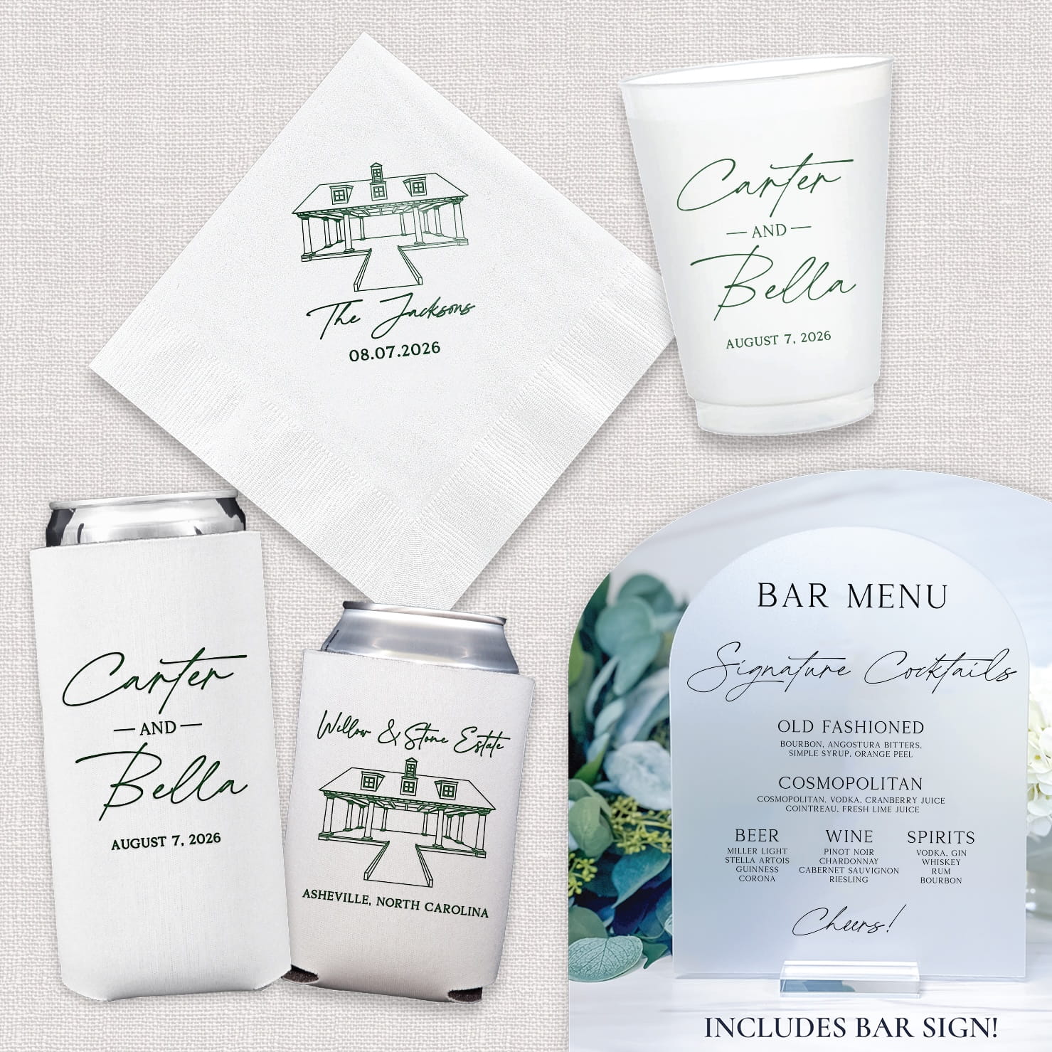 Venue Stacked Names Luxe Wedding Bundle — complete bar suite with cocktail napkins, frosted cups, can coolers, and acrylic bar menu