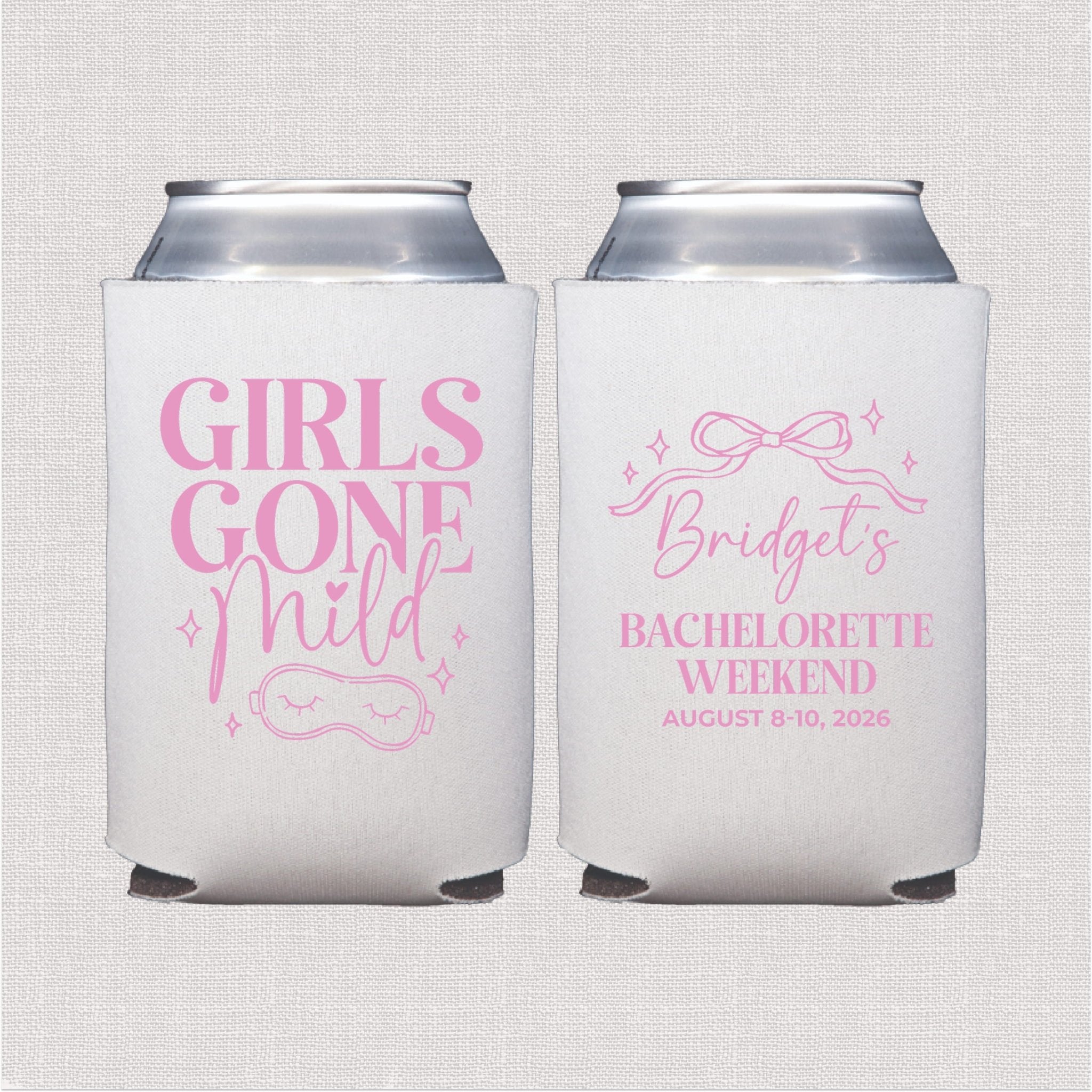 Girls Gone Mild personalized bachelorette can cooler - front and back design on white can cooler