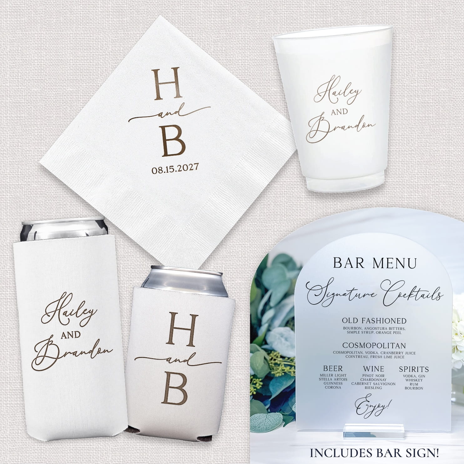 Modern Initial Luxe Wedding Bundle — complete bar suite with cocktail napkins, frosted cups, can coolers, and acrylic bar menu