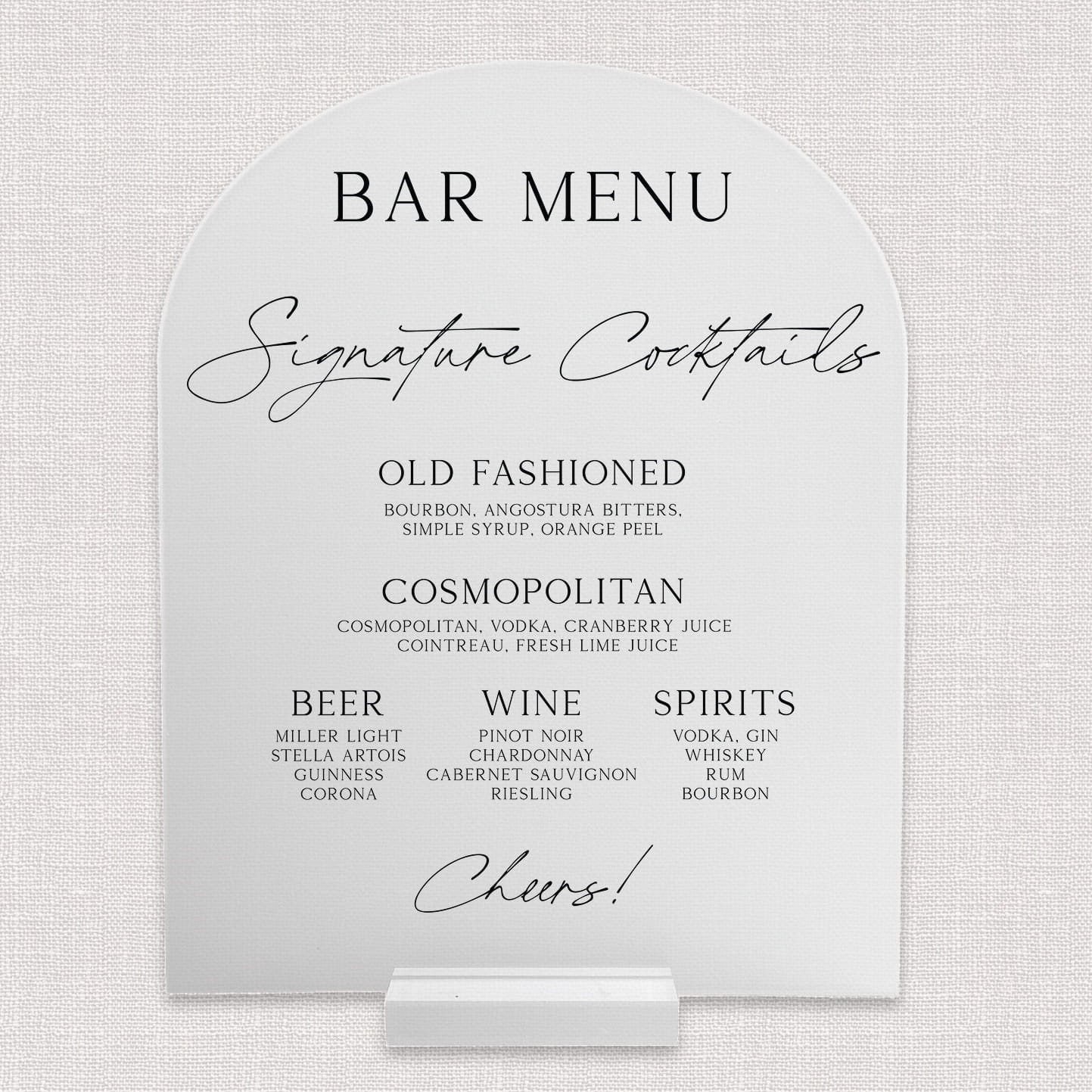 Venue stacked names 8x10 frosted acrylic arch bar menu — wedding bar suite
