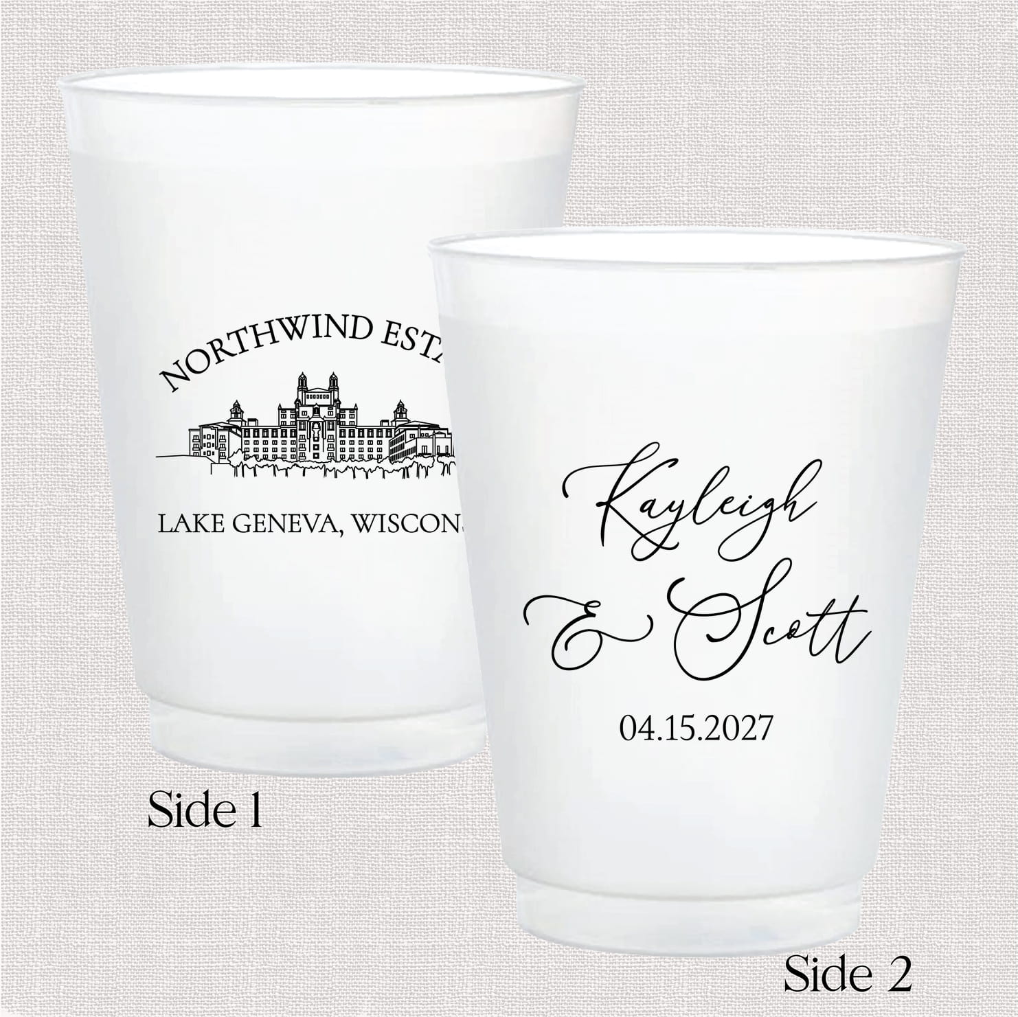 Venue line drawing 16 oz frosted shatterproof cups — personalized wedding cups