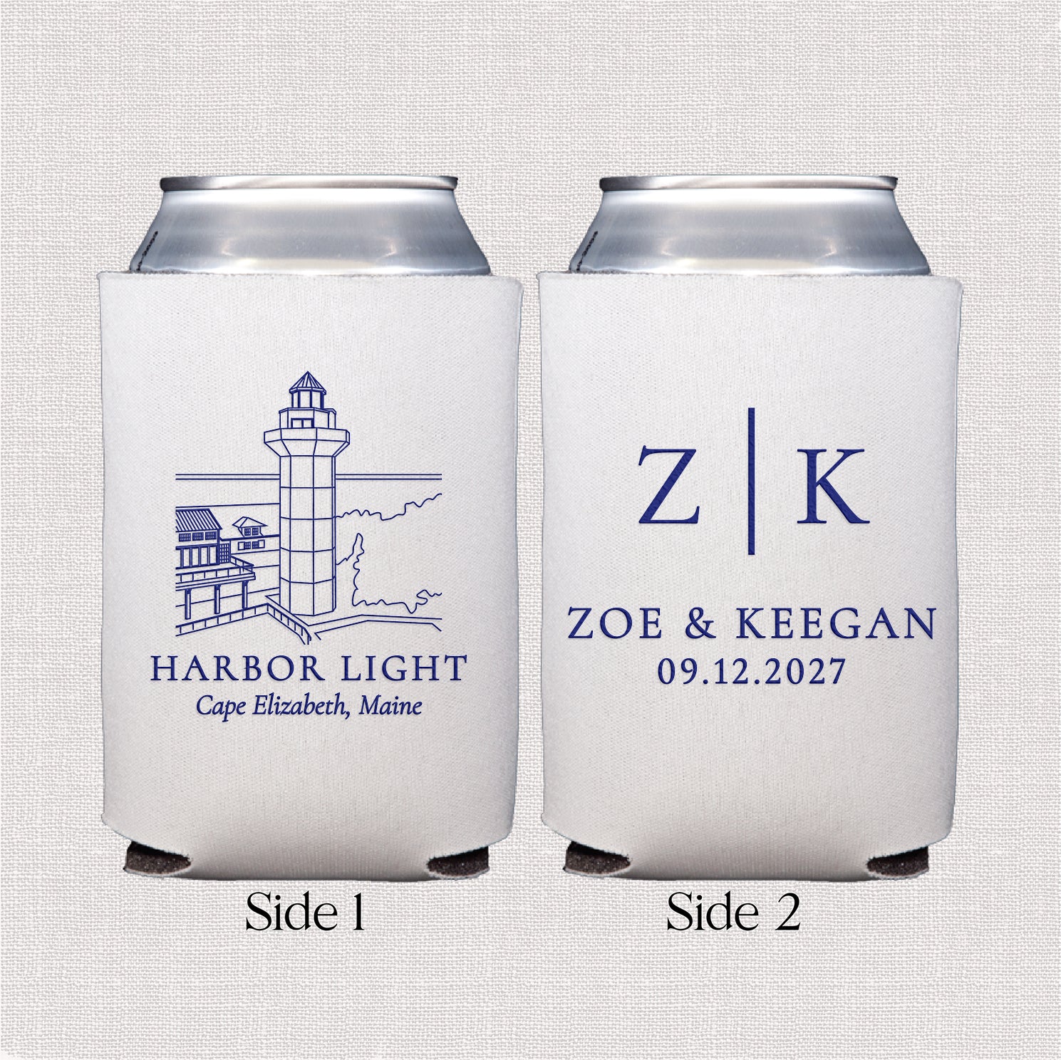 Personalized standard can coolers with venue line drawing and initials wedding design displayed upright