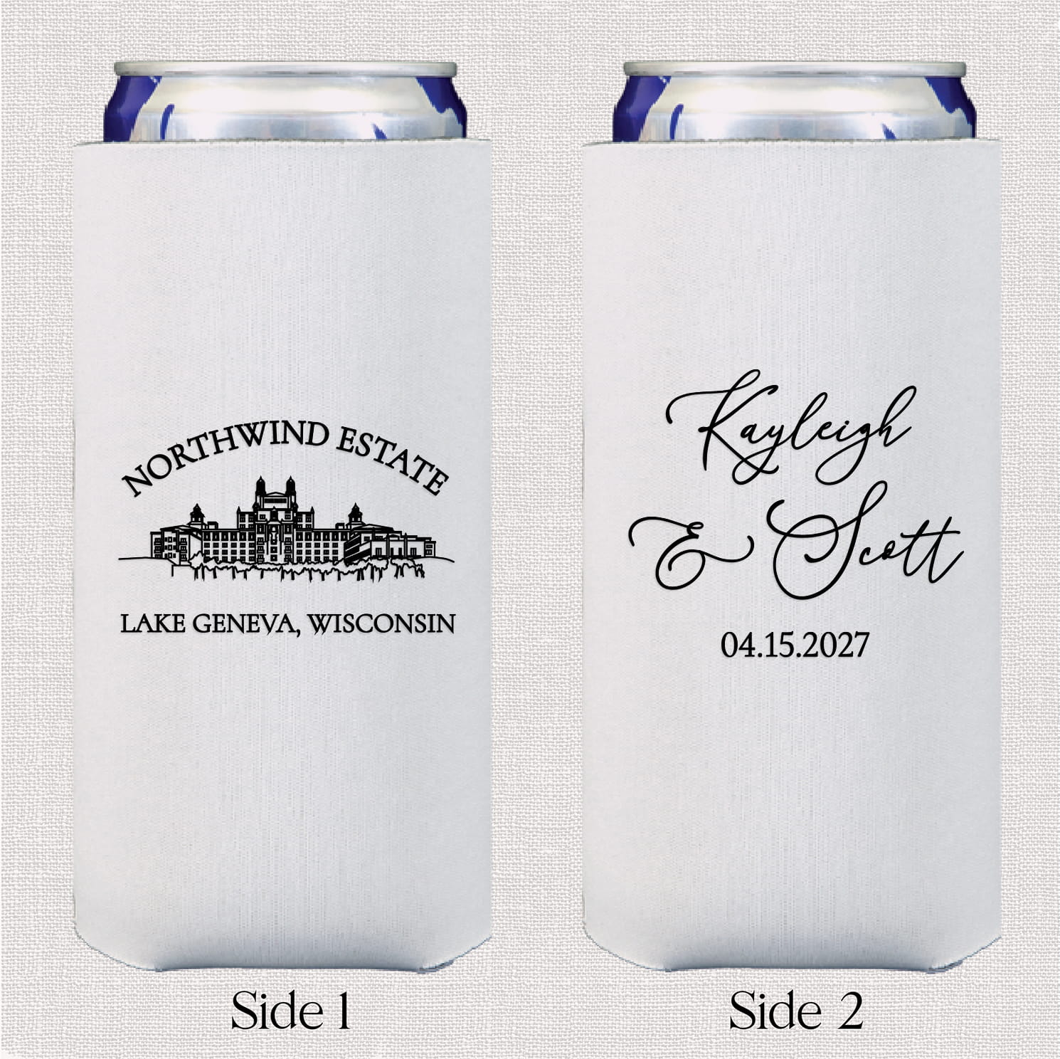 Venue line drawing slim neoprene can coolers — personalized wedding bar