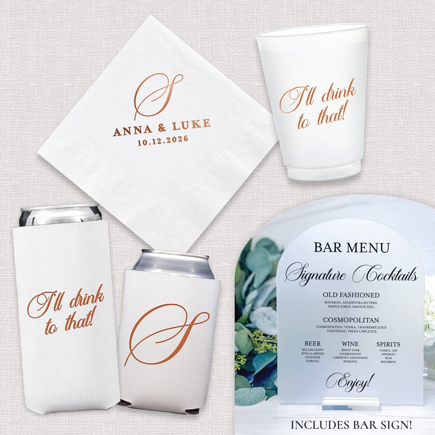 Classic Monogram Luxe Wedding Bundle — complete bar suite with cocktail napkins, frosted cups, can coolers, and acrylic bar menu