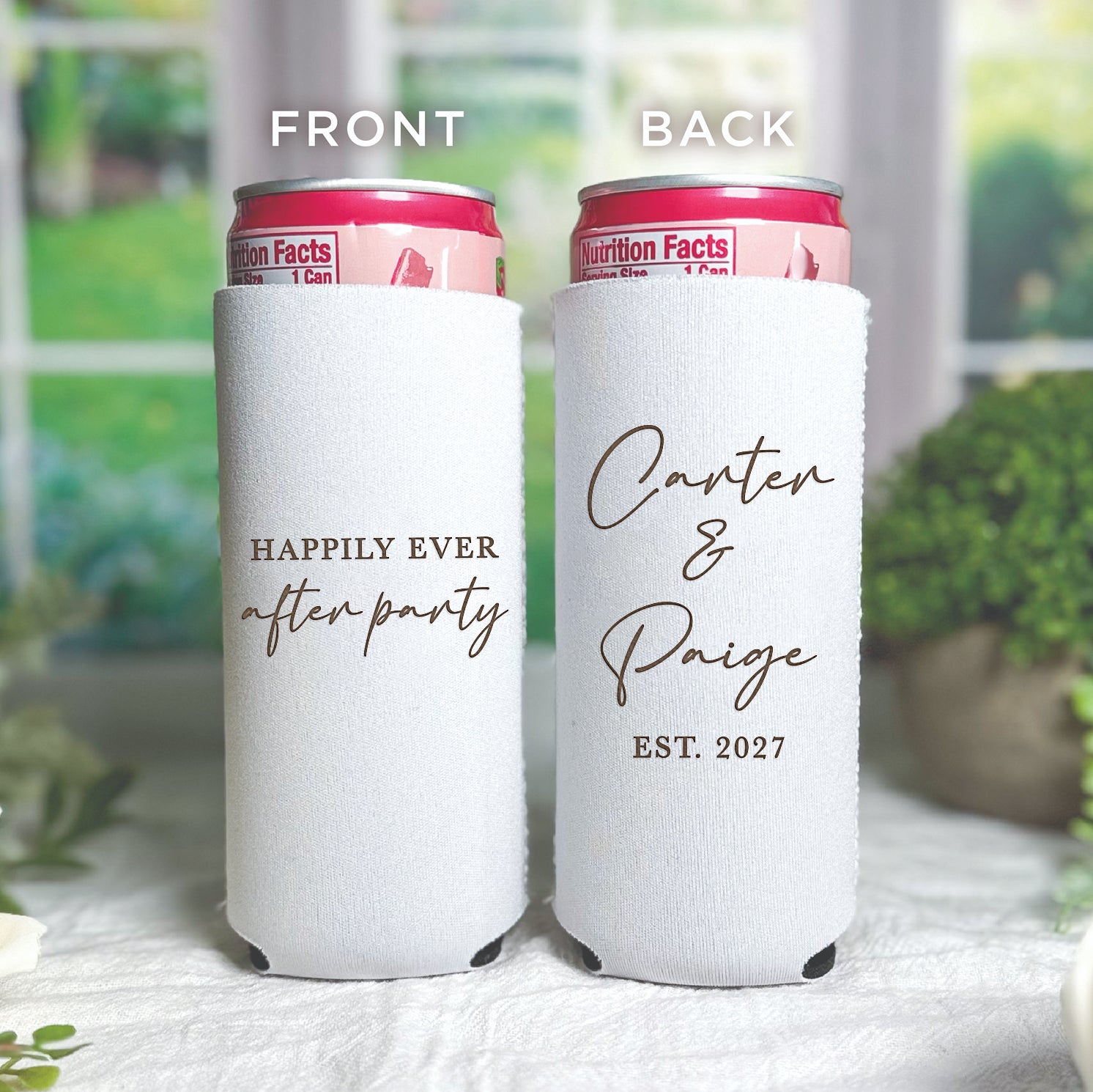 Personalized slim can coolers with happily ever after party design showing couple's names and wedding details