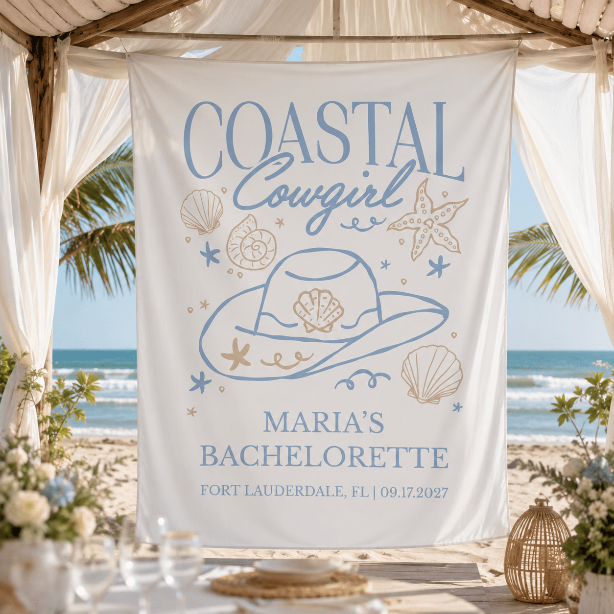 Personalized coastal cowgirl bachelorette party tapestry banner - Design 5, custom name and date backdrop
