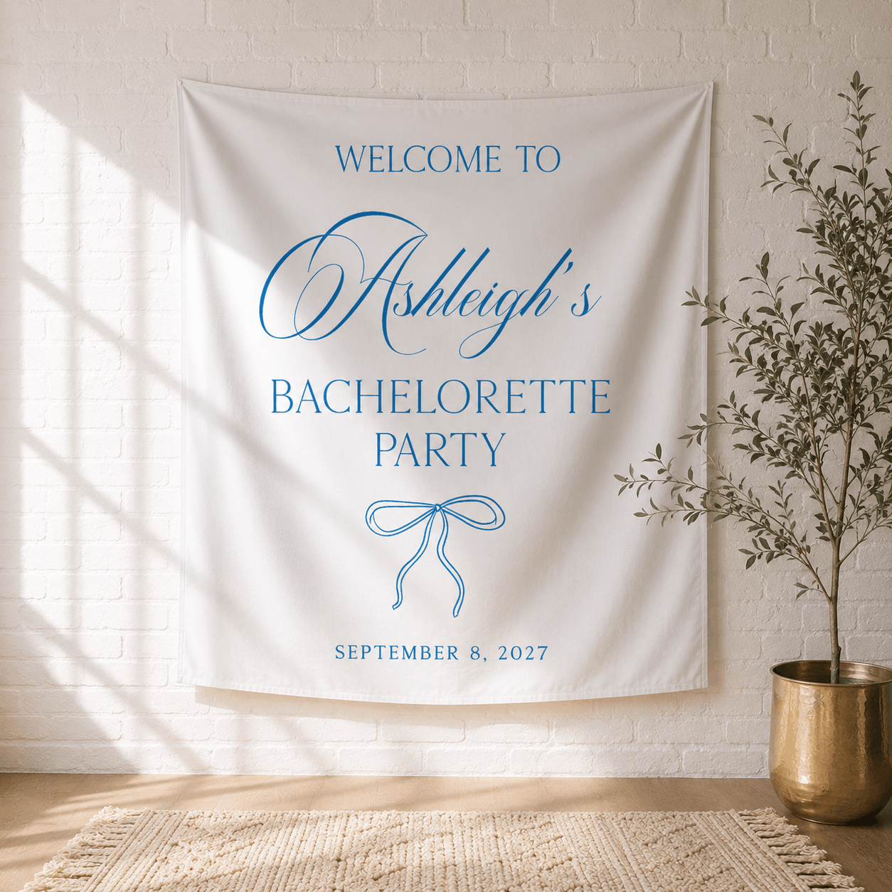 Personalized bachelorette party bow tapestry banner - Bow Design 1, custom name backdrop for bachelorette weekend