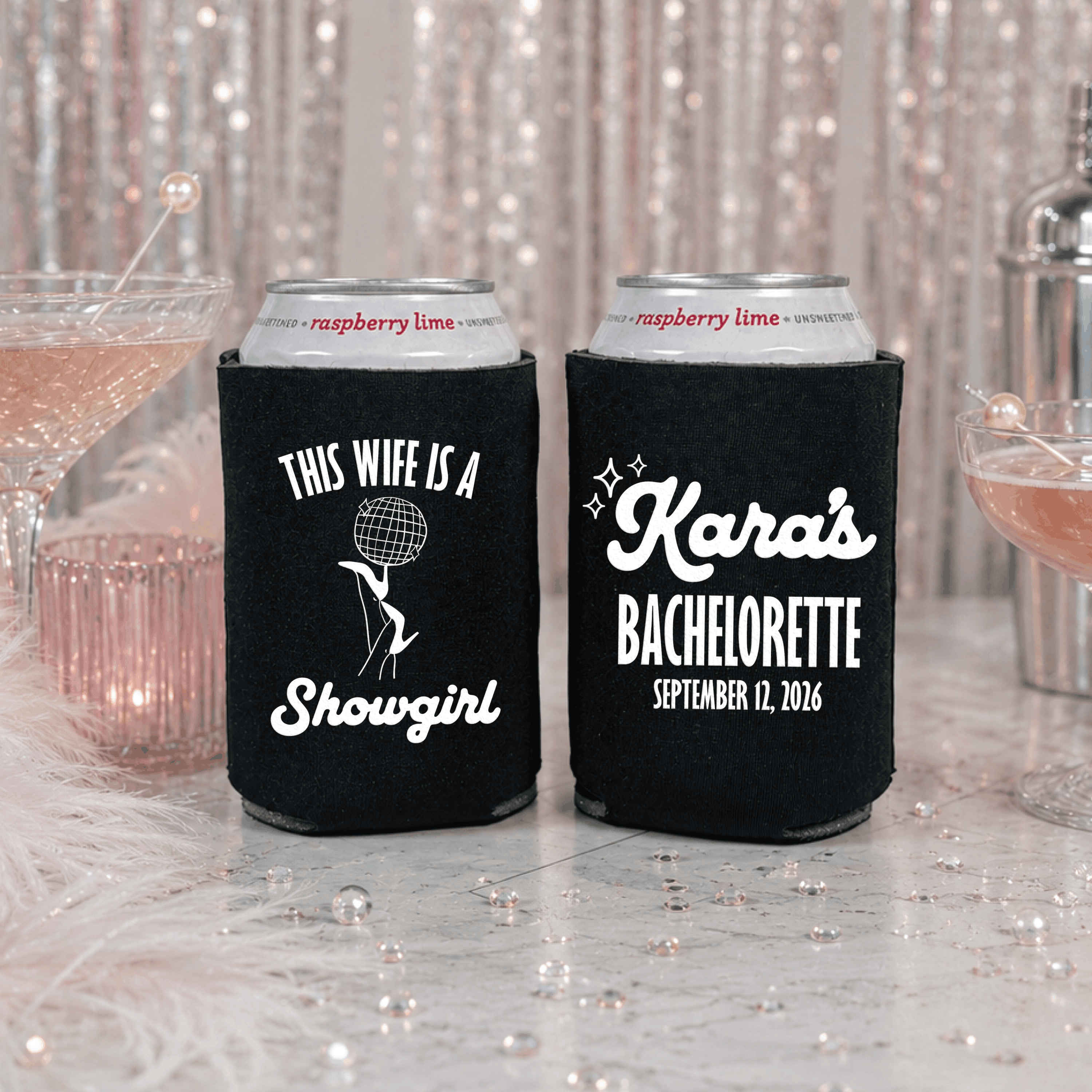 This Wife Is A Showgirl bachelorette can cooler with disco ball and showgirl design
