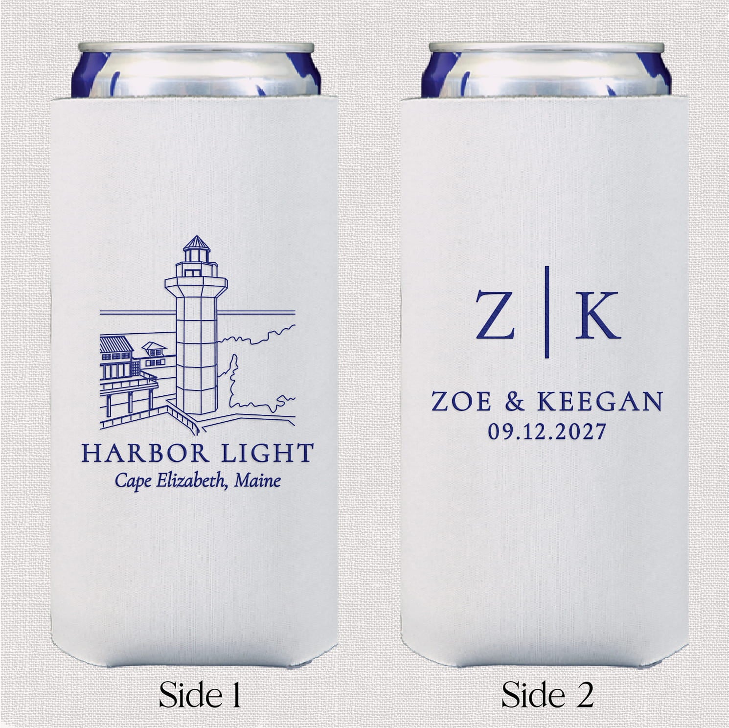Venue Initials slim neoprene can coolers — personalized wedding slim can coolers with couple's initials and venue name