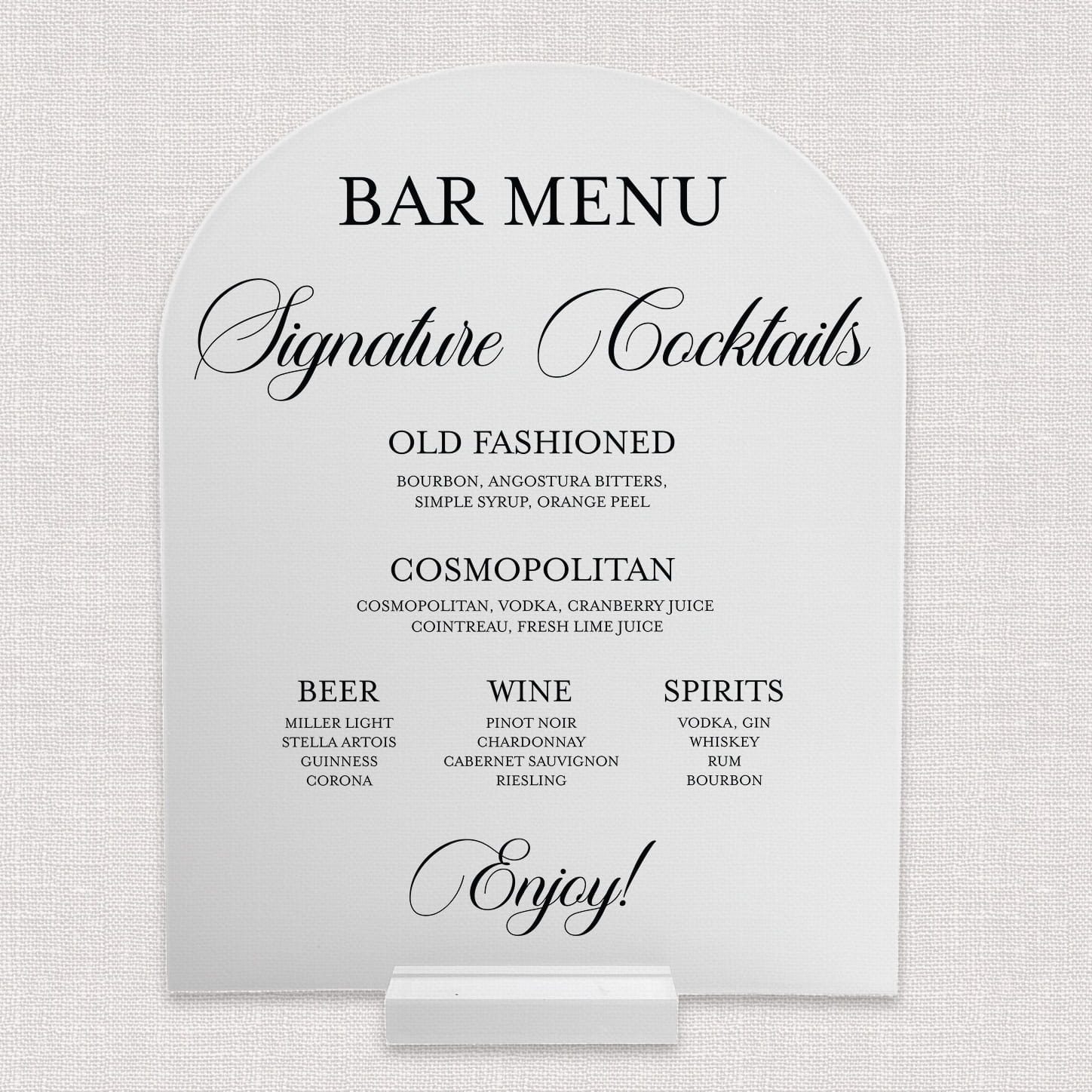 Classic monogram 8x10 frosted acrylic arch bar menu — traditional wedding bar suite