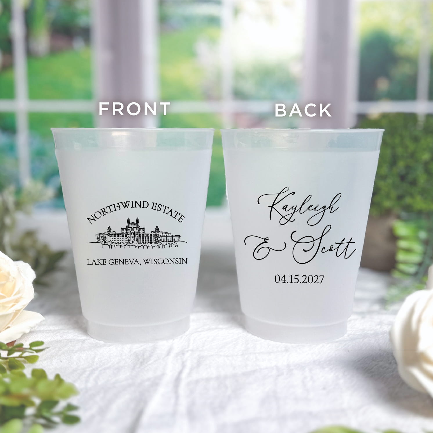 Venue Line Drawing shatterproof frosted wedding cups - real photo showing custom venue illustration print