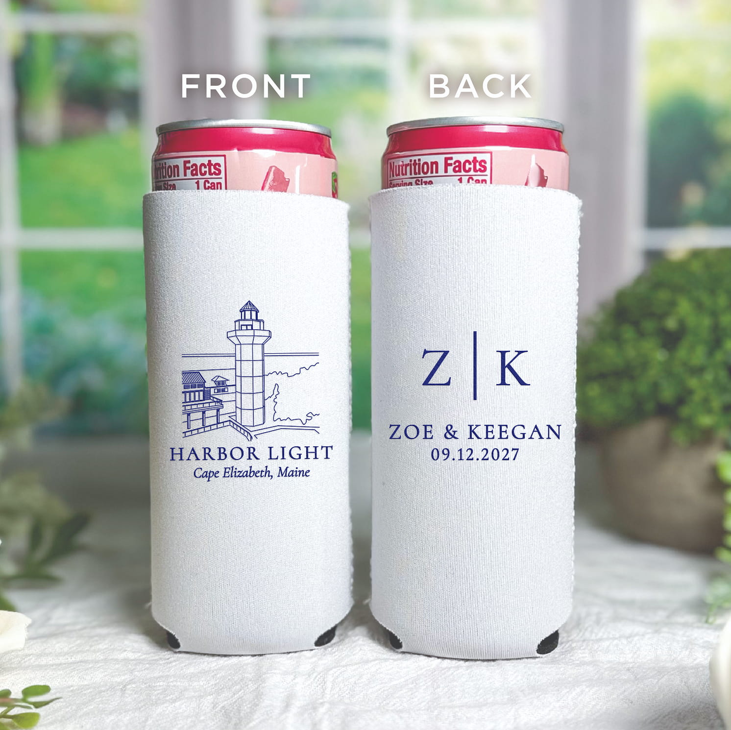 Venue Initials slim neoprene can coolers — real photo of personalized wedding slim can coolers with venue initials design