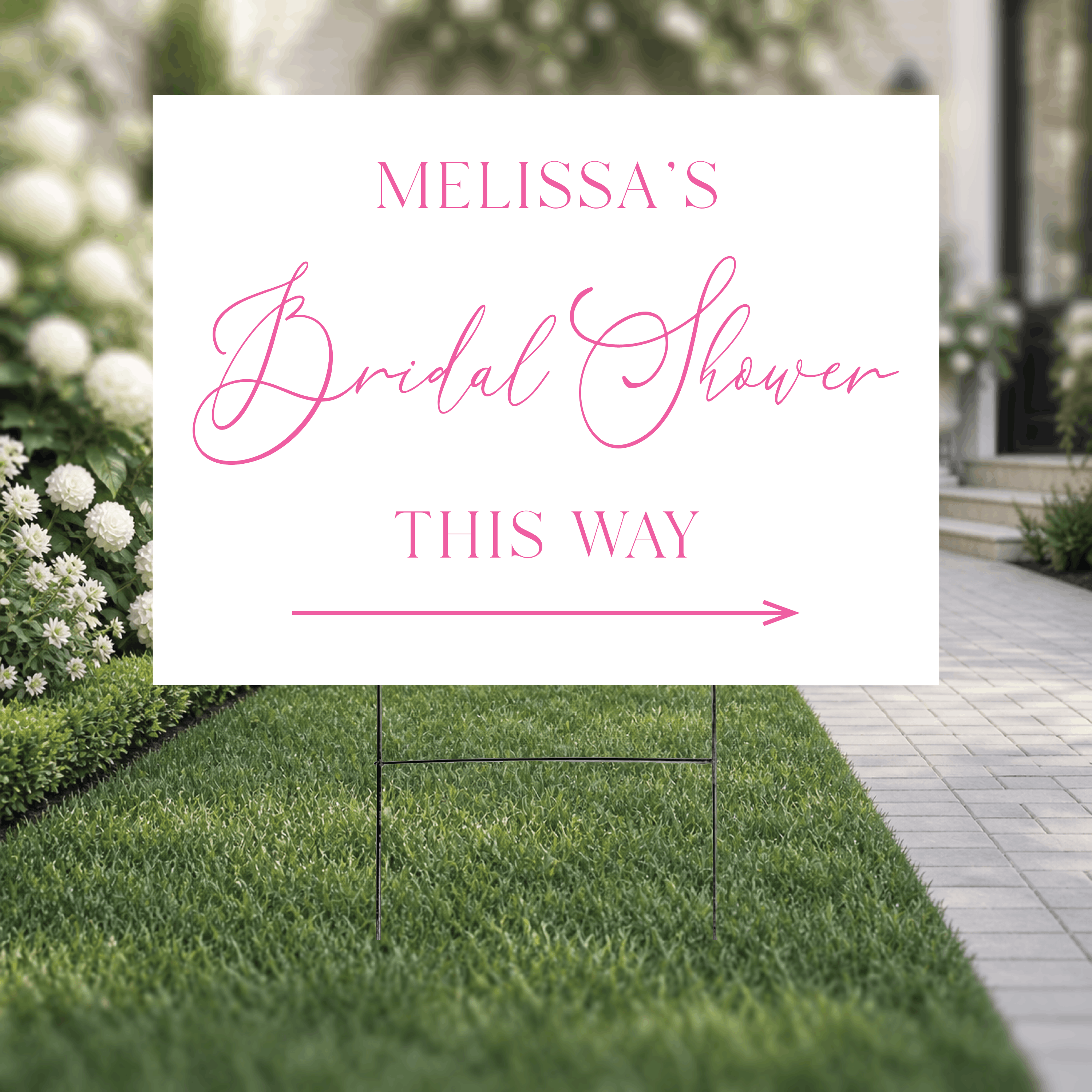 Styled flat lay of a modern script bridal shower directional yard sign, highlighting the clean white minimalist design with personalized script name and directional arrow.