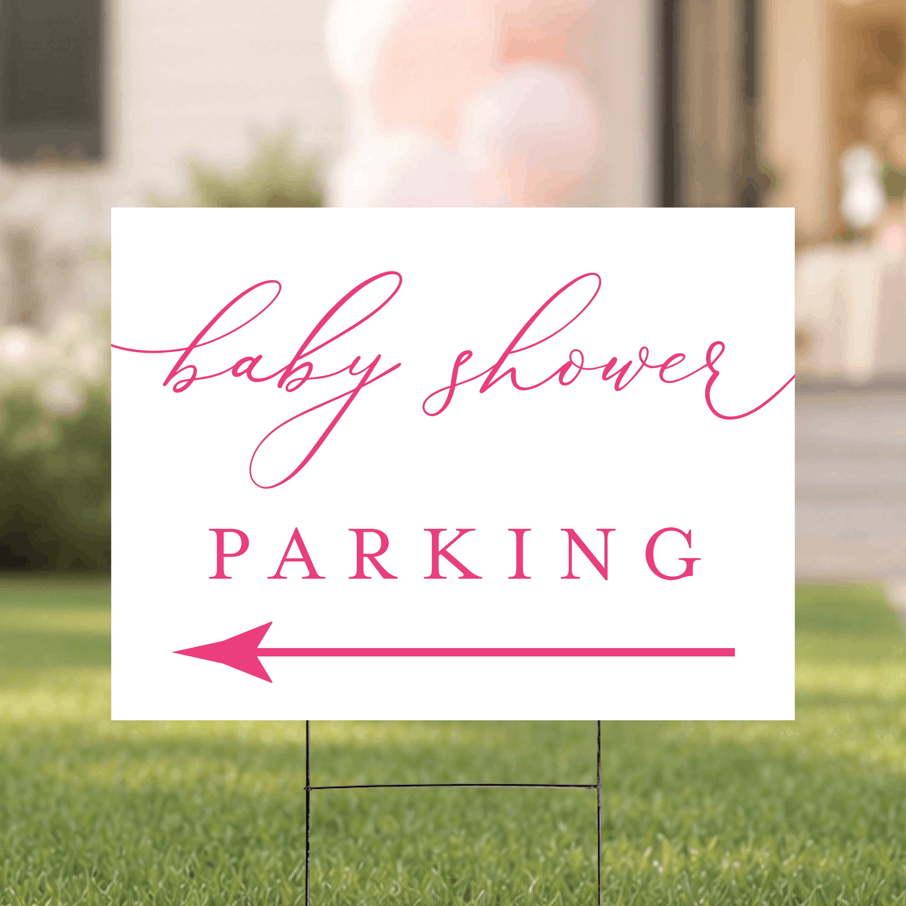 Modern script baby shower parking yard sign displayed outdoors on a staked H-frame, featuring a clean white background with elegant mixed typography and directional arrow.