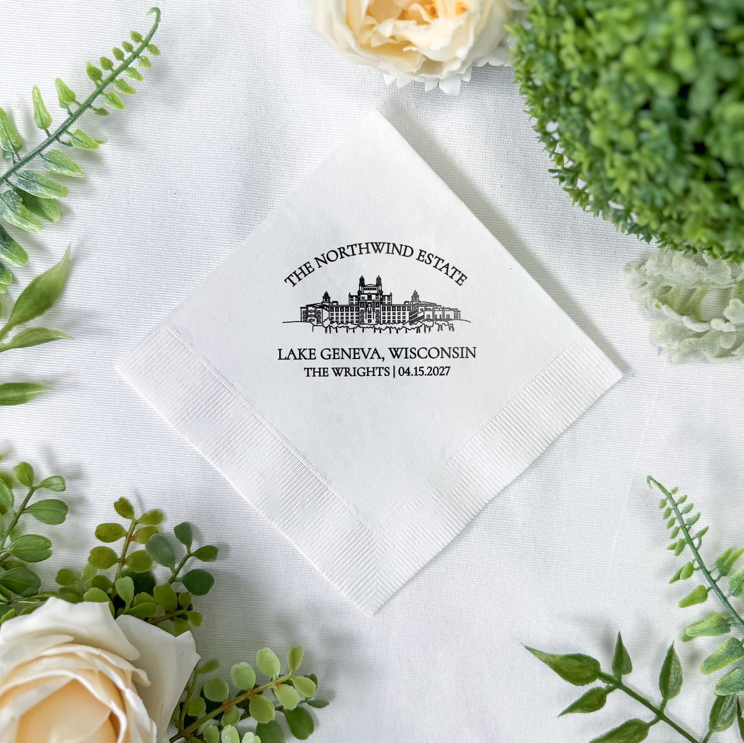 Venue line drawing cocktail napkins real photo — personalized wedding napkins