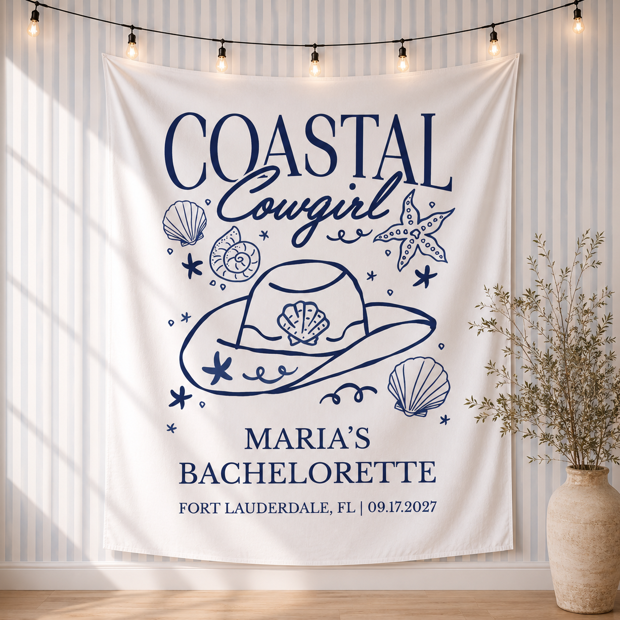 Personalized coastal cowgirl bachelorette party tapestry banner - Design 4, custom name and date backdrop