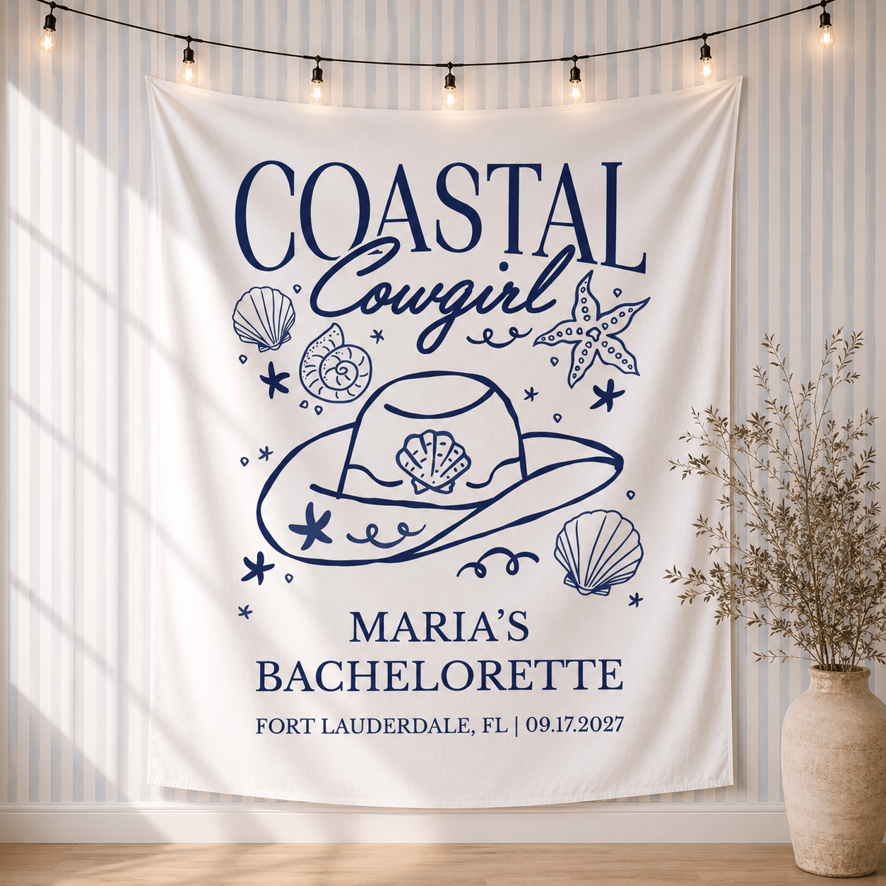 Personalized coastal cowgirl bachelorette party tapestry banner - Design 4, custom name and date backdrop