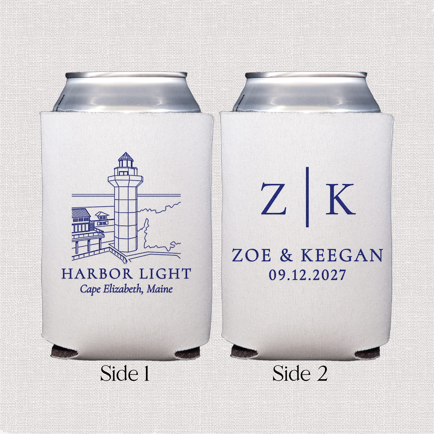 Venue Initials standard neoprene can coolers — personalized wedding can coolers with couple's initials and venue name