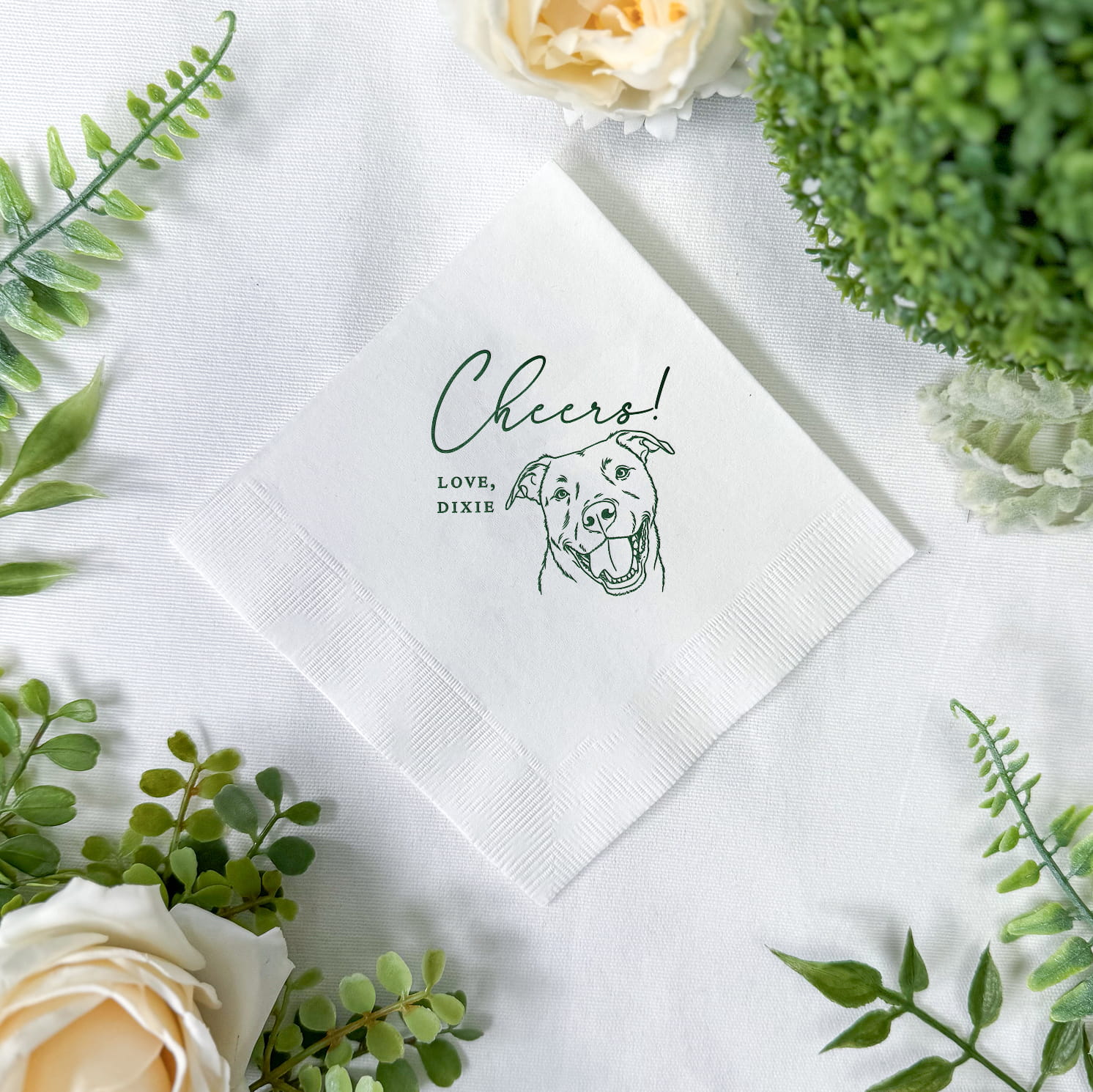 Custom Pet Cheers cocktail napkins — real photo of personalized pet wedding napkins
