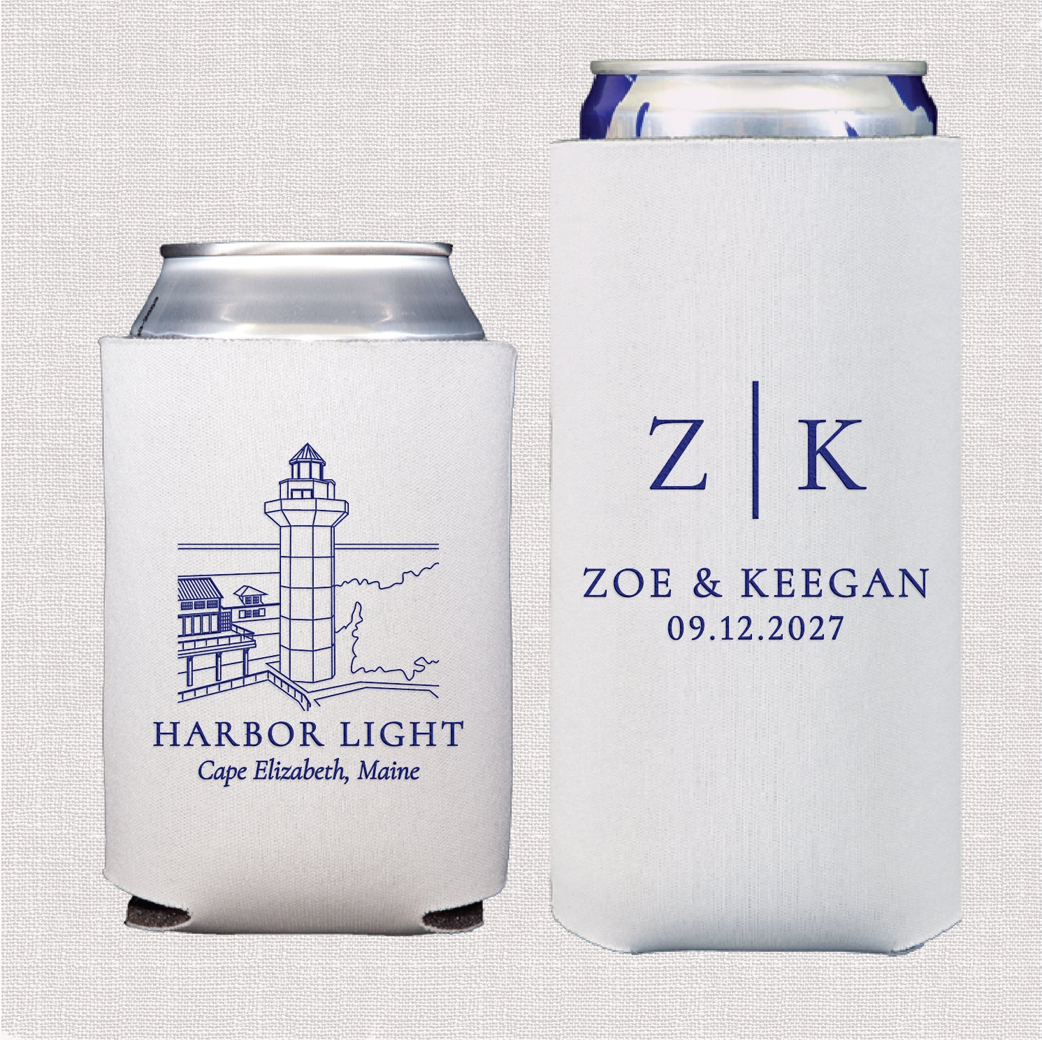 Venue initials bundle featuring personalized standard and slim can coolers with venue line drawing and initials design