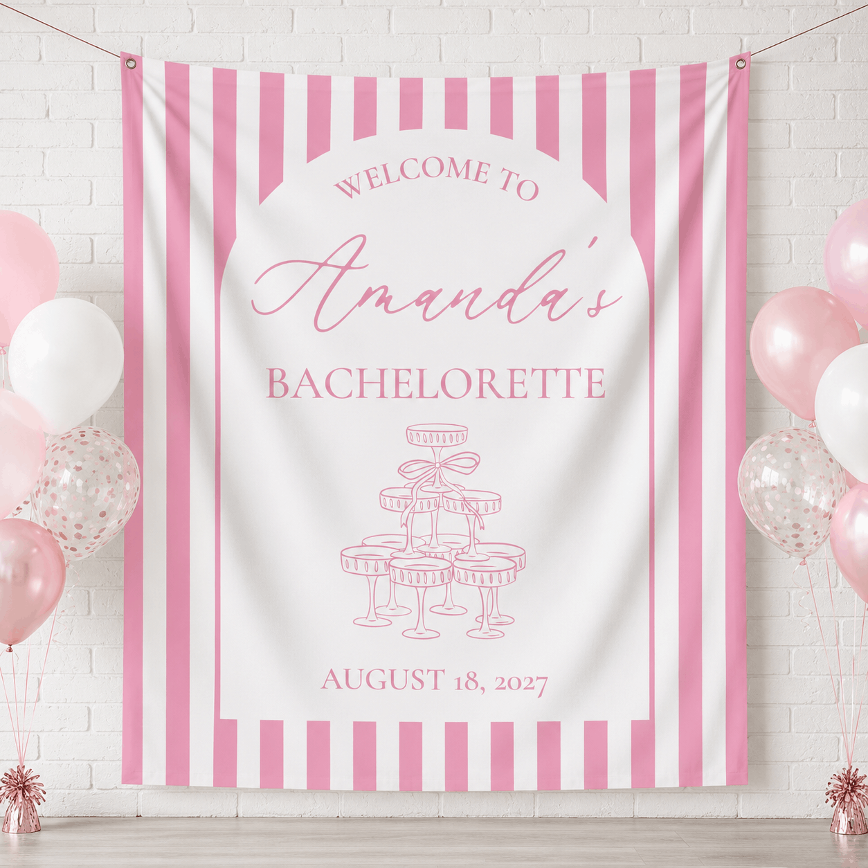 Personalized striped champagne tower bachelorette party tapestry banner - Design 1, custom name and date portrait backdrop