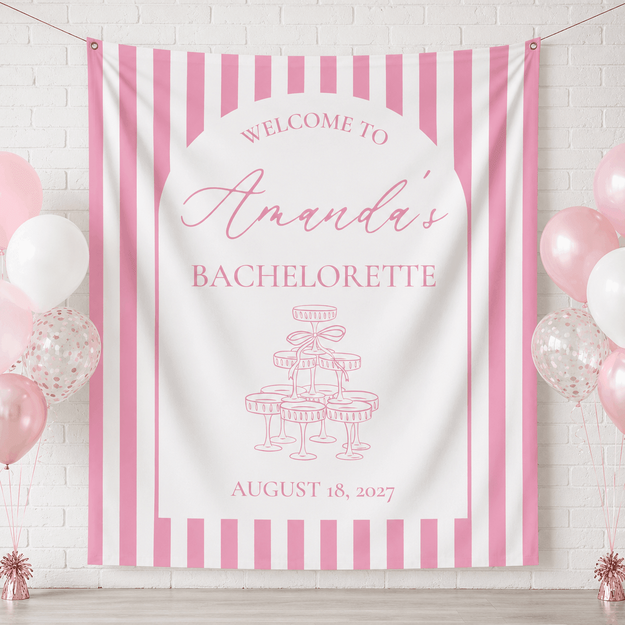 Personalized striped champagne tower bachelorette party tapestry banner - Design 1, custom name and date portrait backdrop