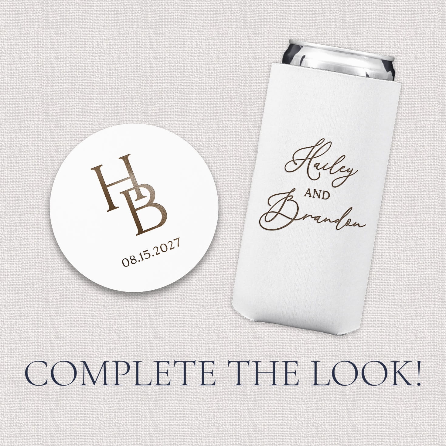 A display of optional add-on accessories including a slim can cooler and a round coaster, each featuring a modern initial monogram design to complete a coordinated wedding look.