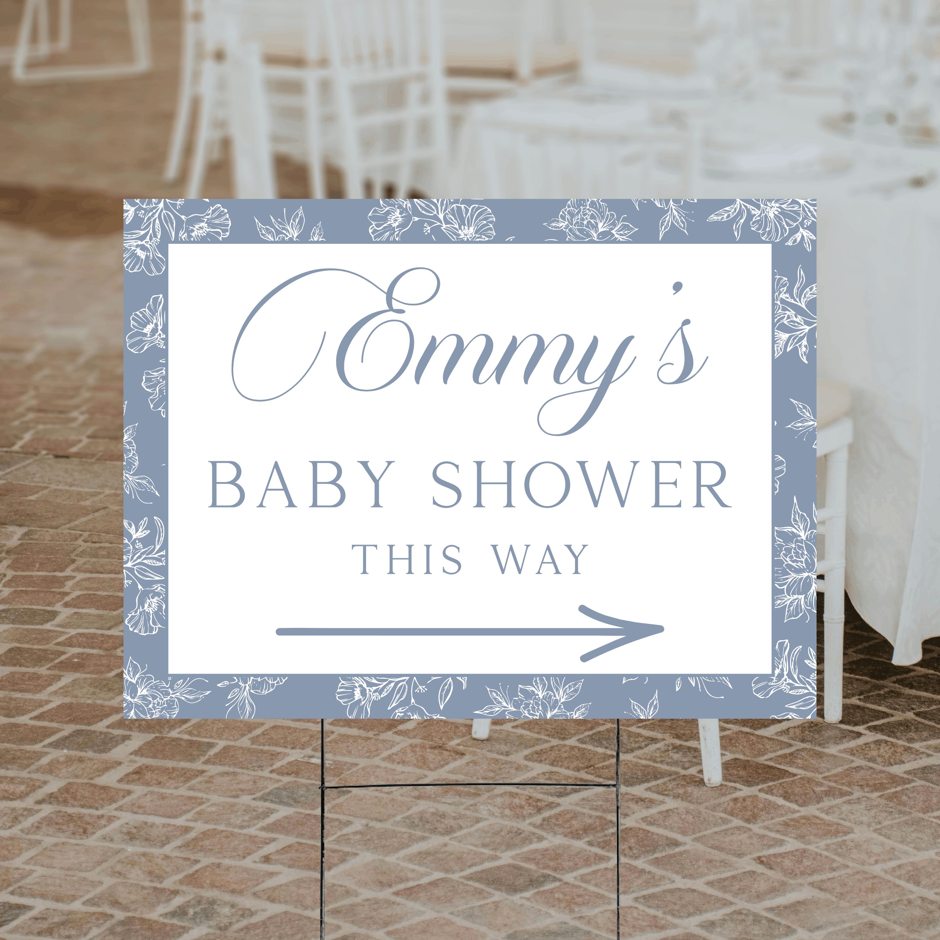 A personalized floral toile baby shower directional yard sign featuring a classic toile pattern, custom text, and choice of ink color and arrow direction, printed on corrugated plastic.