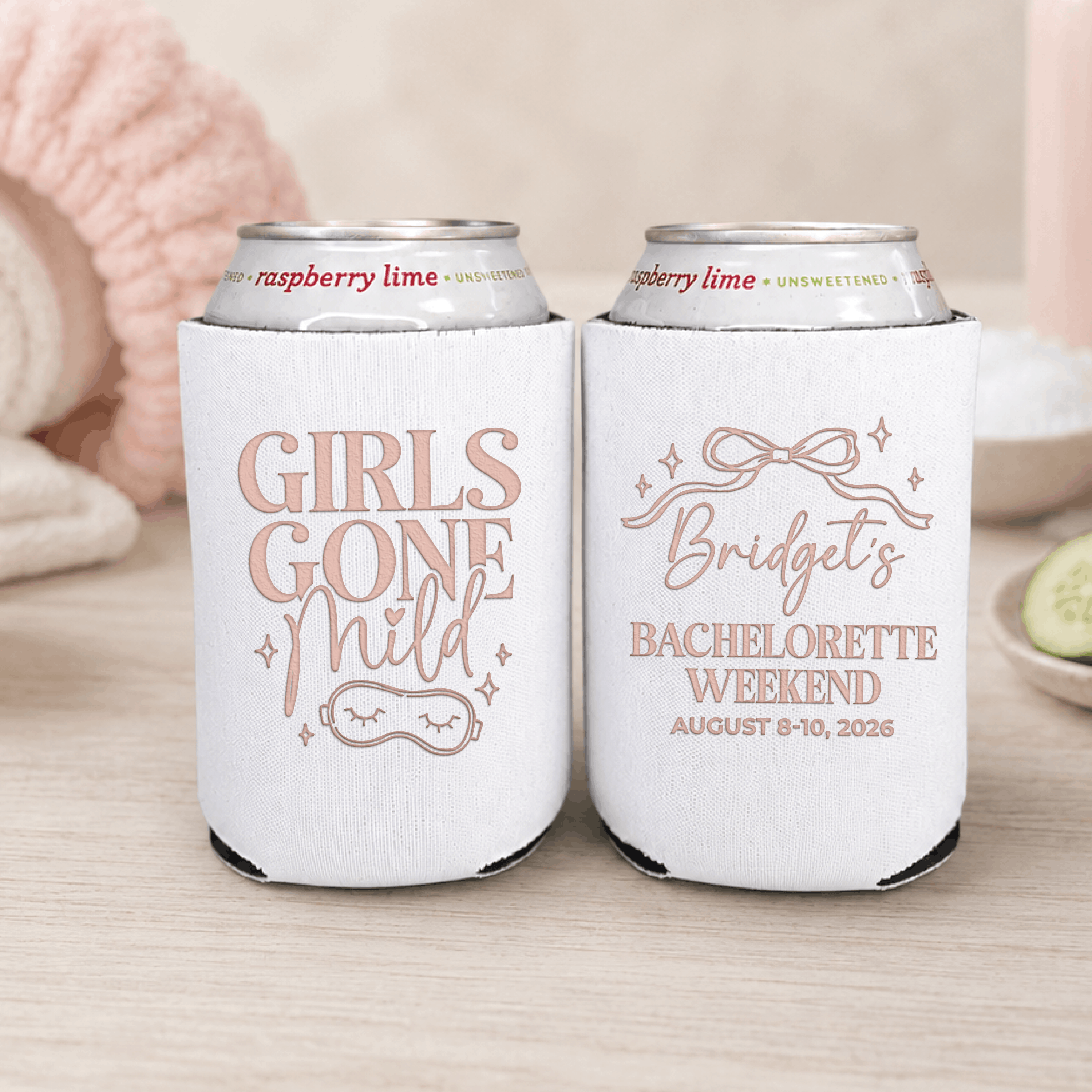 Girls Gone Mild bachelorette can cooler in white with rose pink print, spa-themed styling