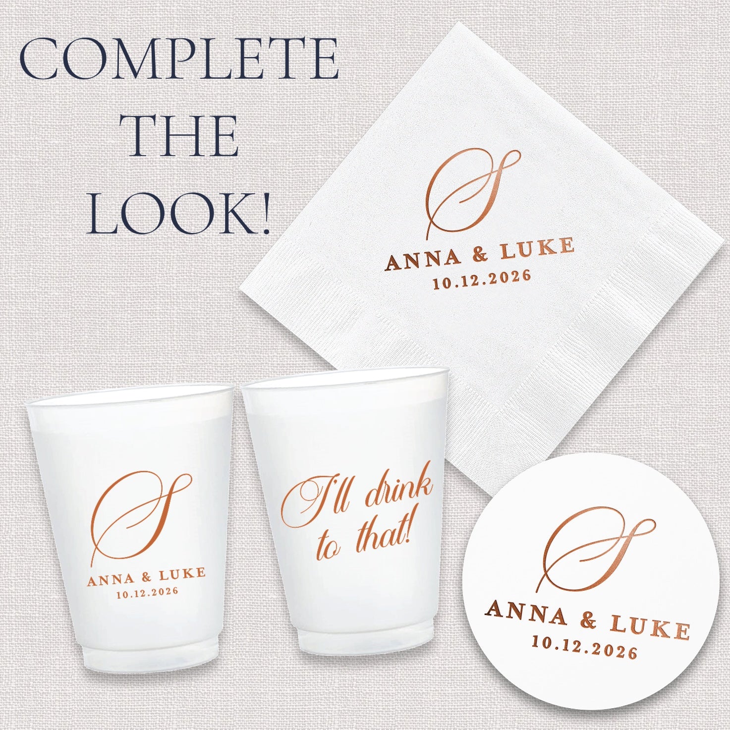 Complete the look upsell graphic showing coordinating classic monogram wedding can coolers and accessories collection