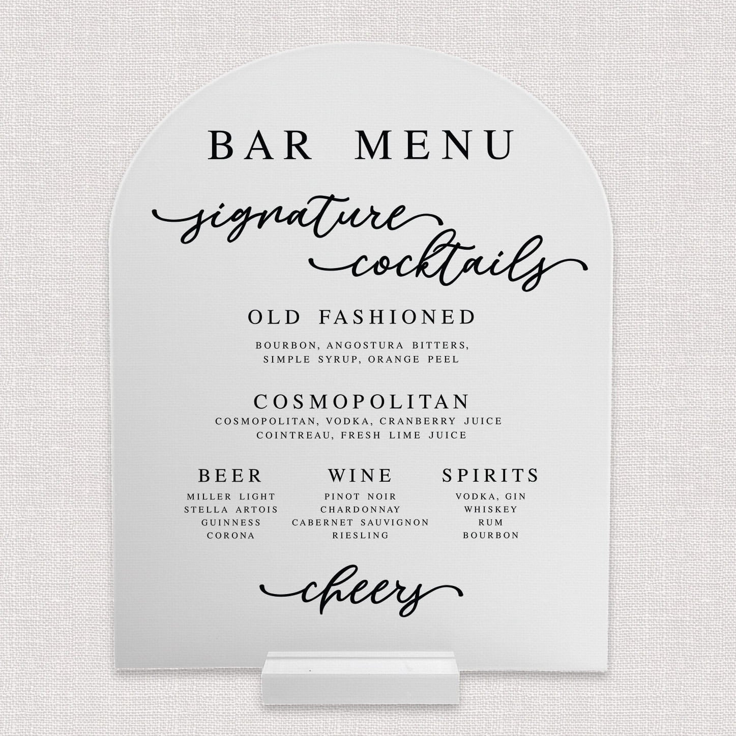Drinks on Me 8x10 frosted acrylic arch bar menu — personalized pet wedding bar sign