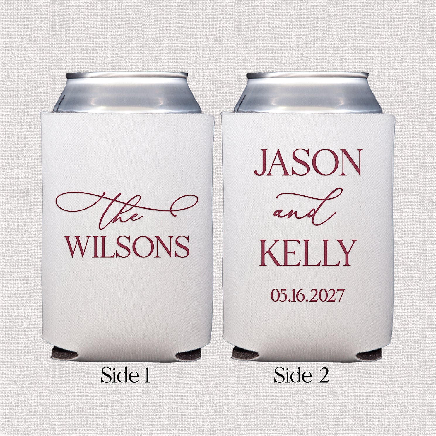Personalized standard can coolers with elegant last name wedding design displayed upright