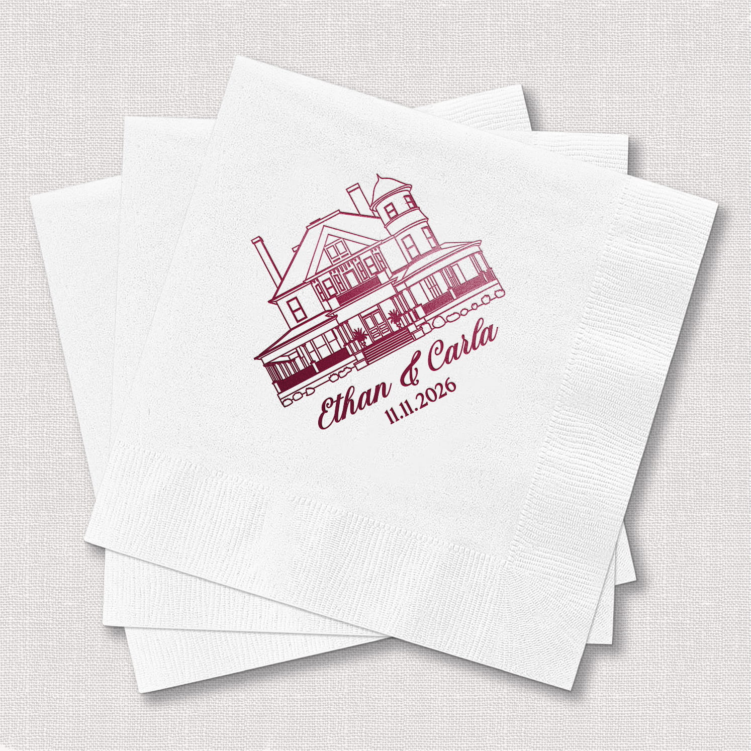 Custom venue sketch personalized cocktail napkins — wedding bar suite