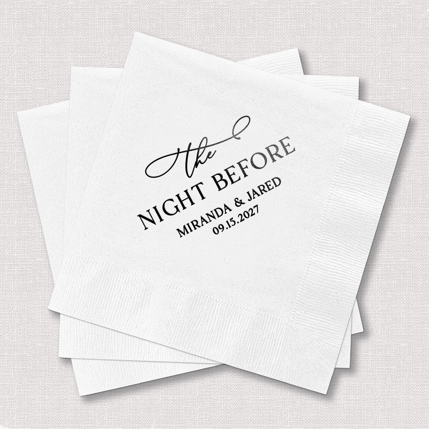 A product photo of a personalized cocktail napkin from The Night Before Wedding Bundle, styled against a clean background with a coordinating printed design.
