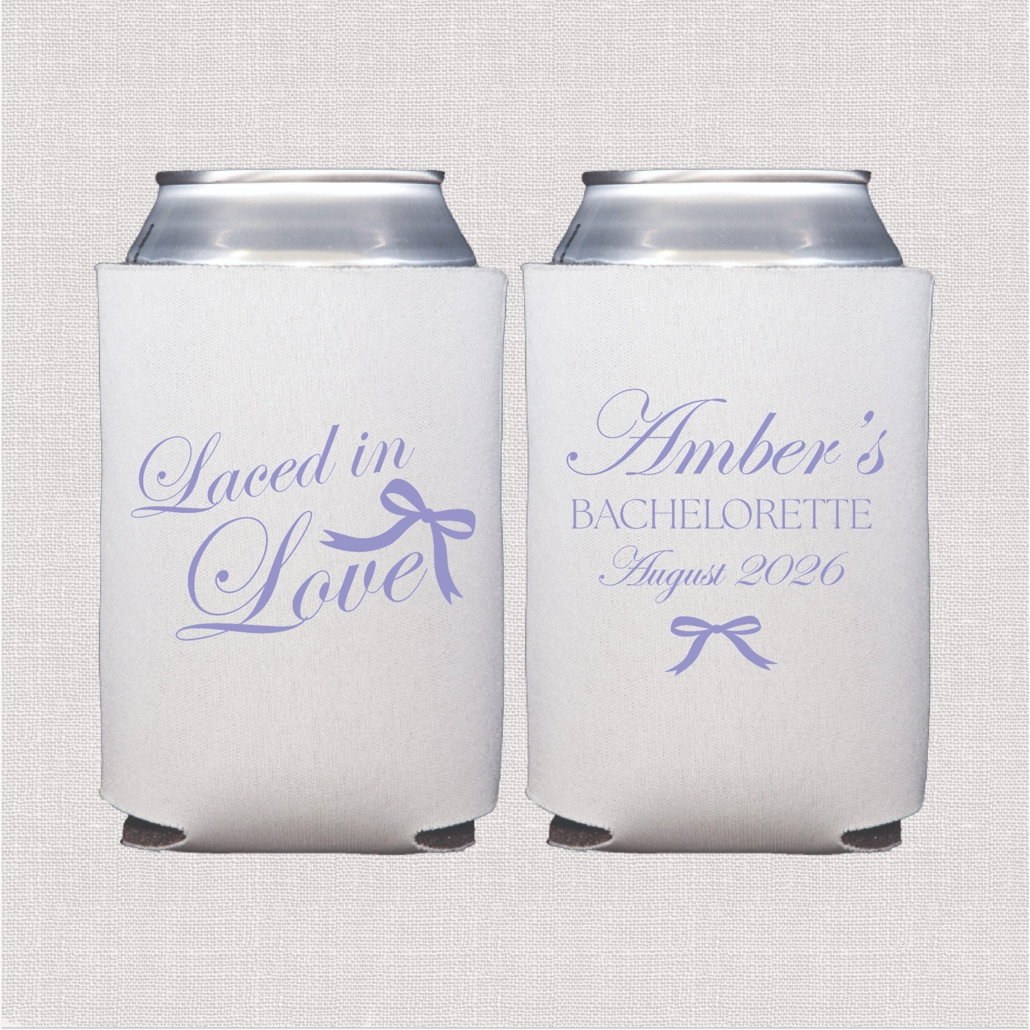 Laced in Love personalized bachelorette can cooler - front and back design on white can cooler