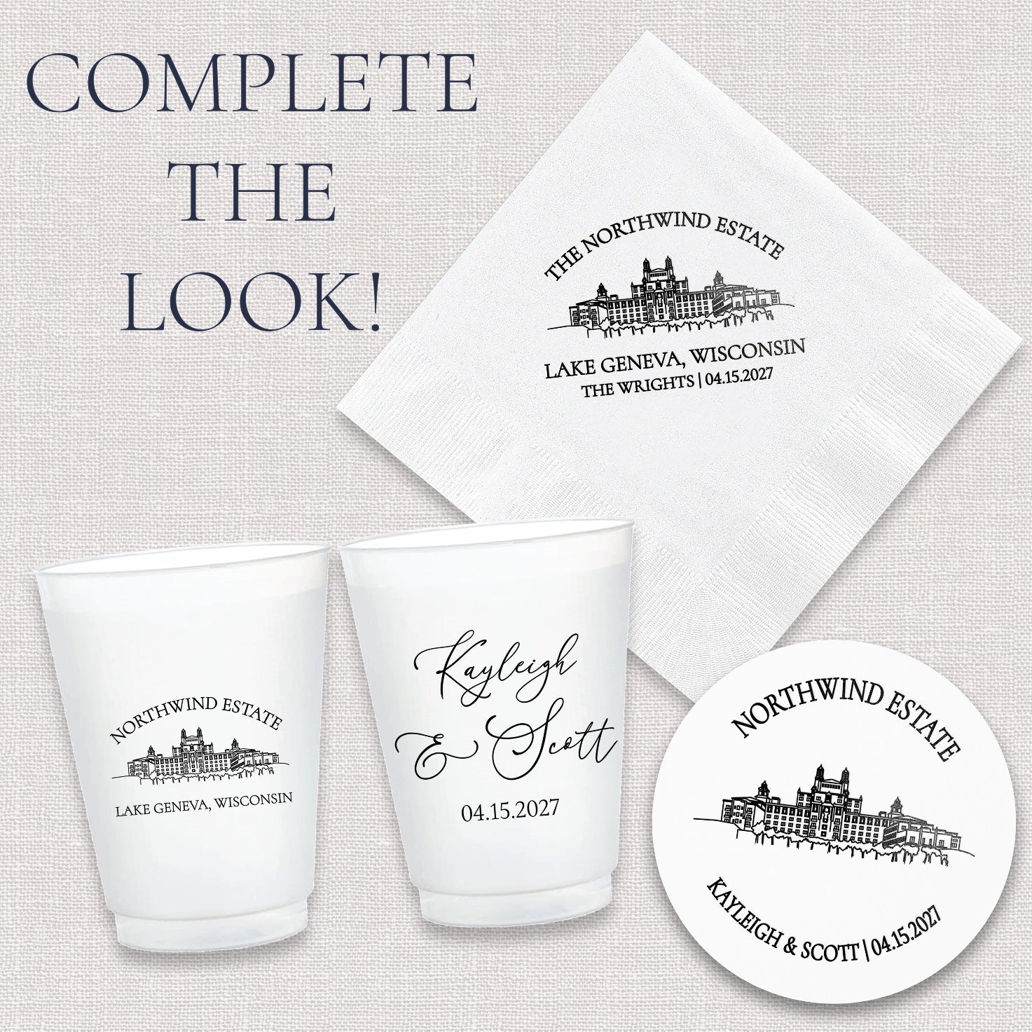 Complete the look upsell graphic showing coordinating venue line drawing wedding can coolers and accessories collection