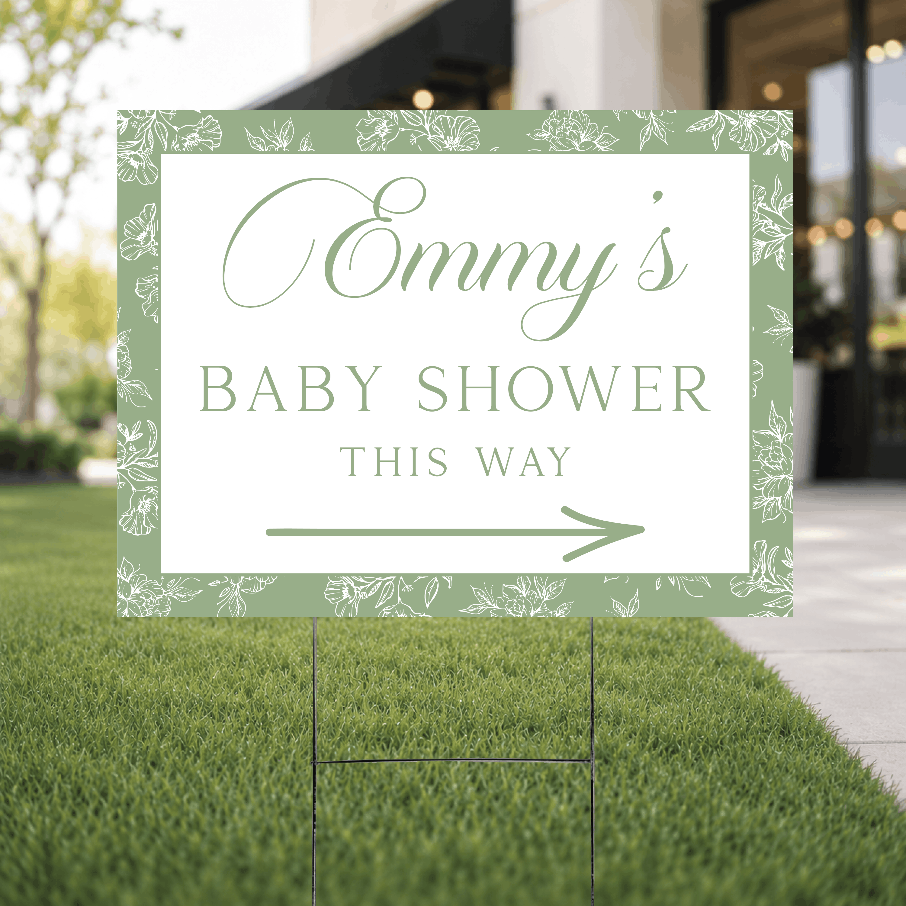Close-up of a personalized floral toile baby shower yard sign showcasing the intricate toile design with custom UV ink text and directional arrow.