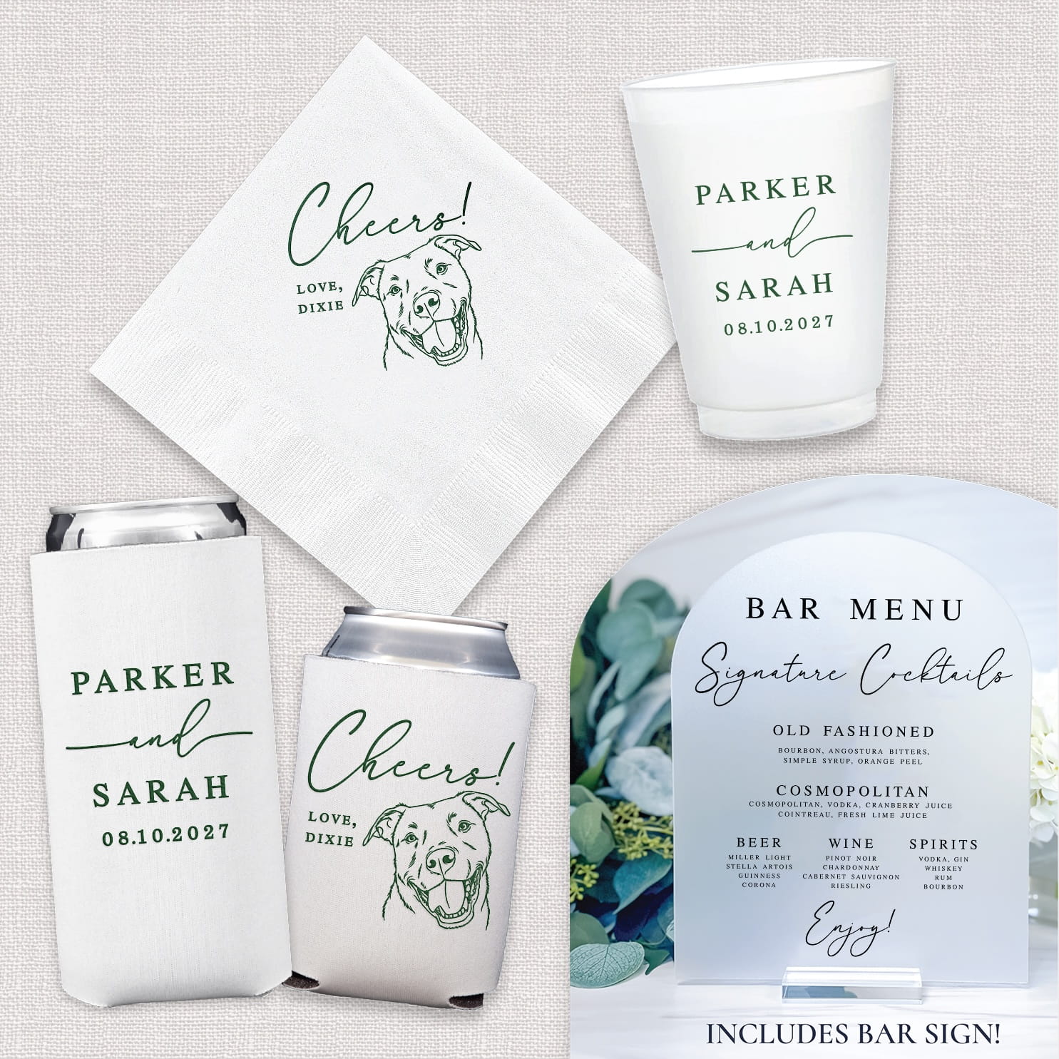 Custom Pet Cheers wedding bundle — complete bar suite with cocktail napkins, frosted cups, can coolers, and acrylic arch bar menu