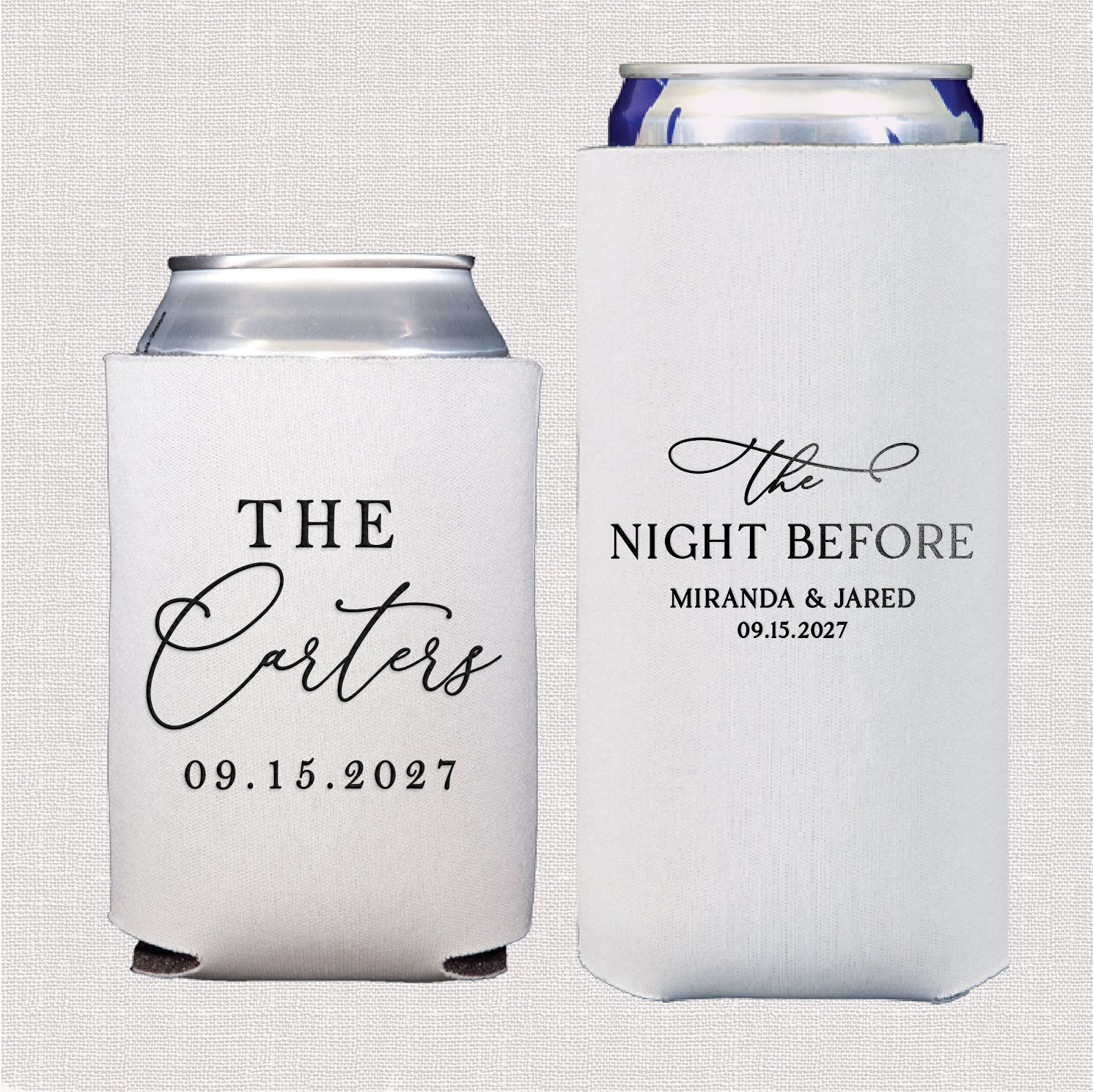 The Night Before Bundle featuring personalized standard and slim can coolers with night before wedding design
