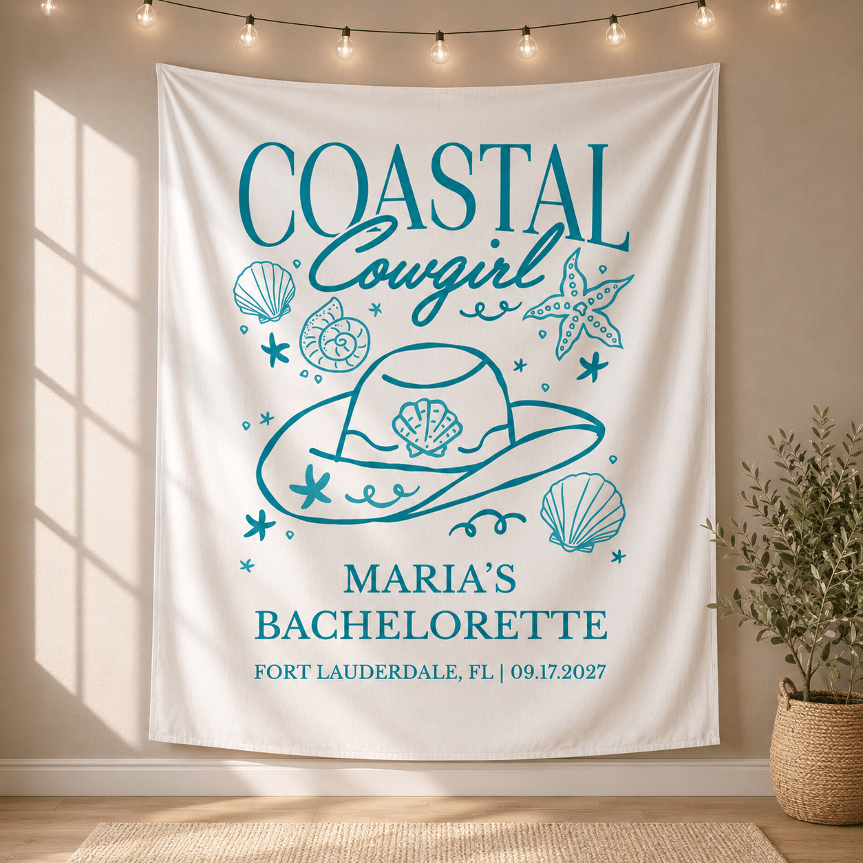 Personalized coastal cowgirl bachelorette party tapestry banner - Design 3, custom name and date backdrop