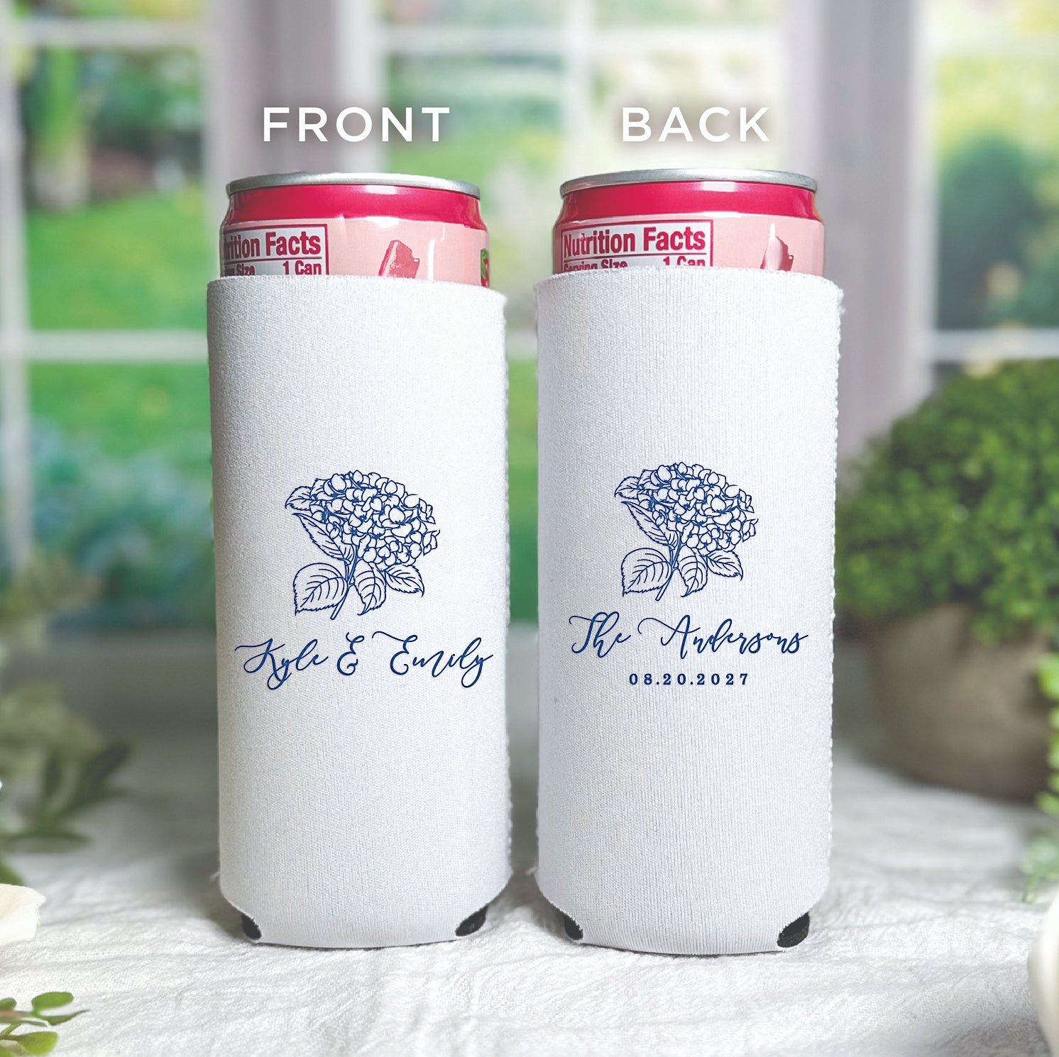 Personalized slim can coolers with hydrangea floral design showing couple's names and wedding details