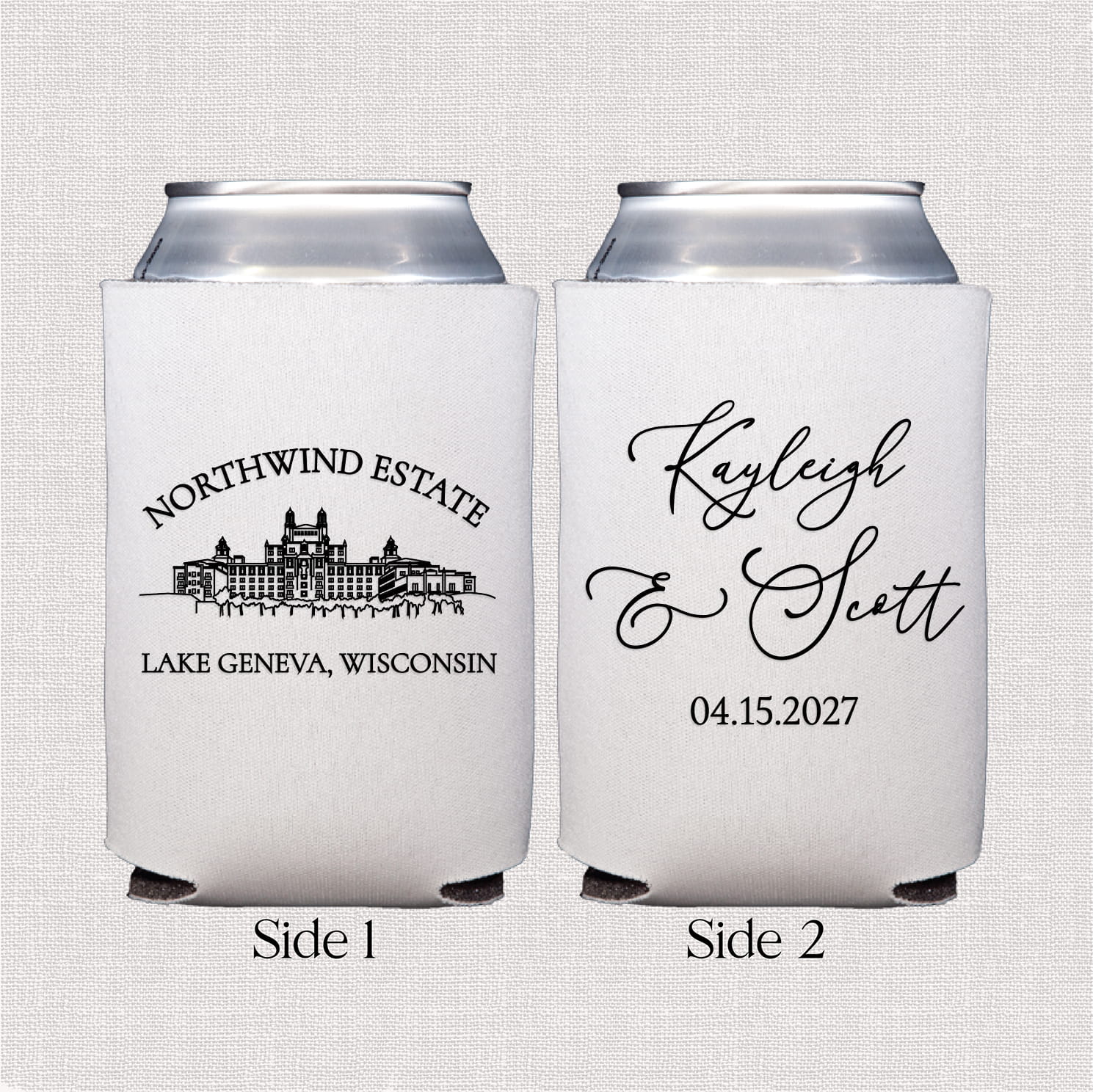 Venue line drawing standard neoprene can coolers — personalized wedding bar