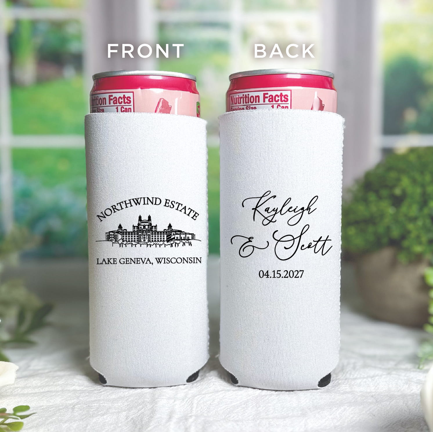Venue line drawing slim can coolers real photo — wedding bundle