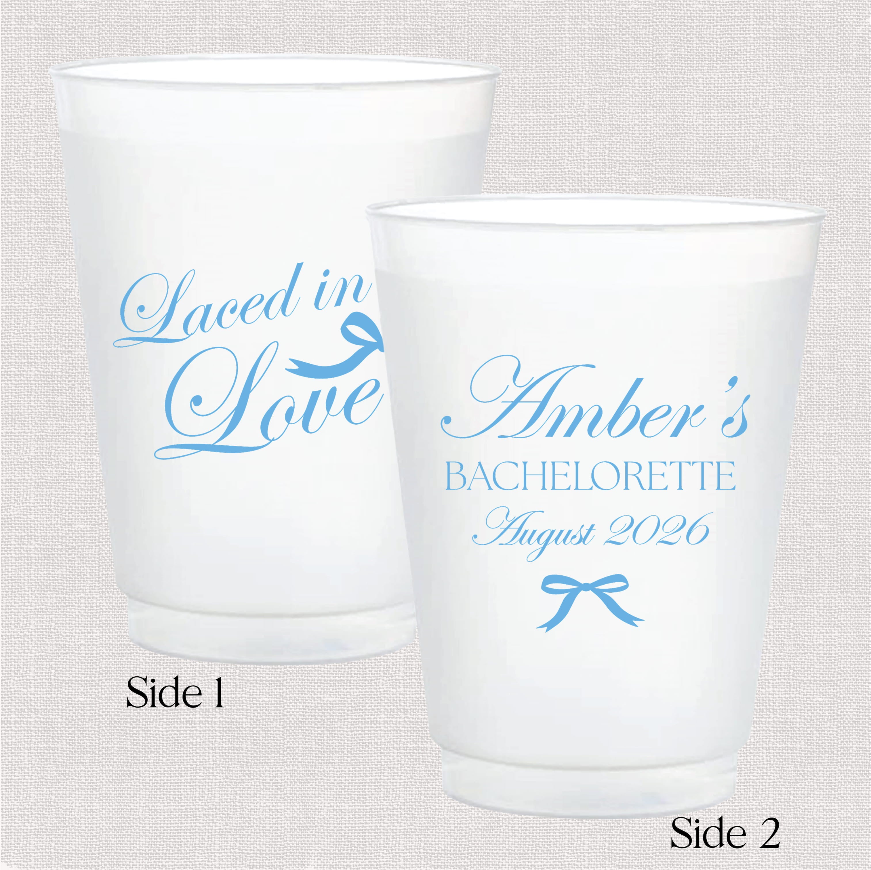 Laced in Love bachelorette shatterproof cups styled on a table setting